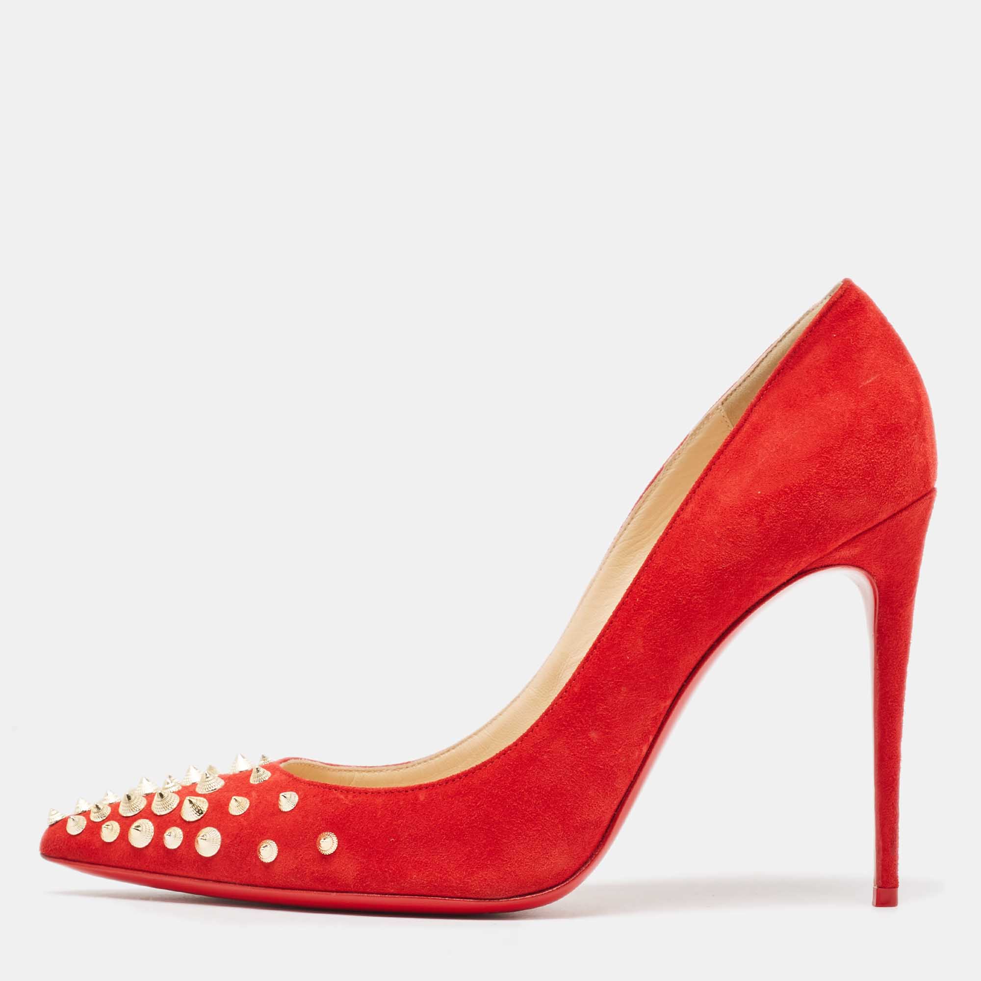 Pre-owned Christian Louboutin Red Suede Spikyshell Pumps Size 40