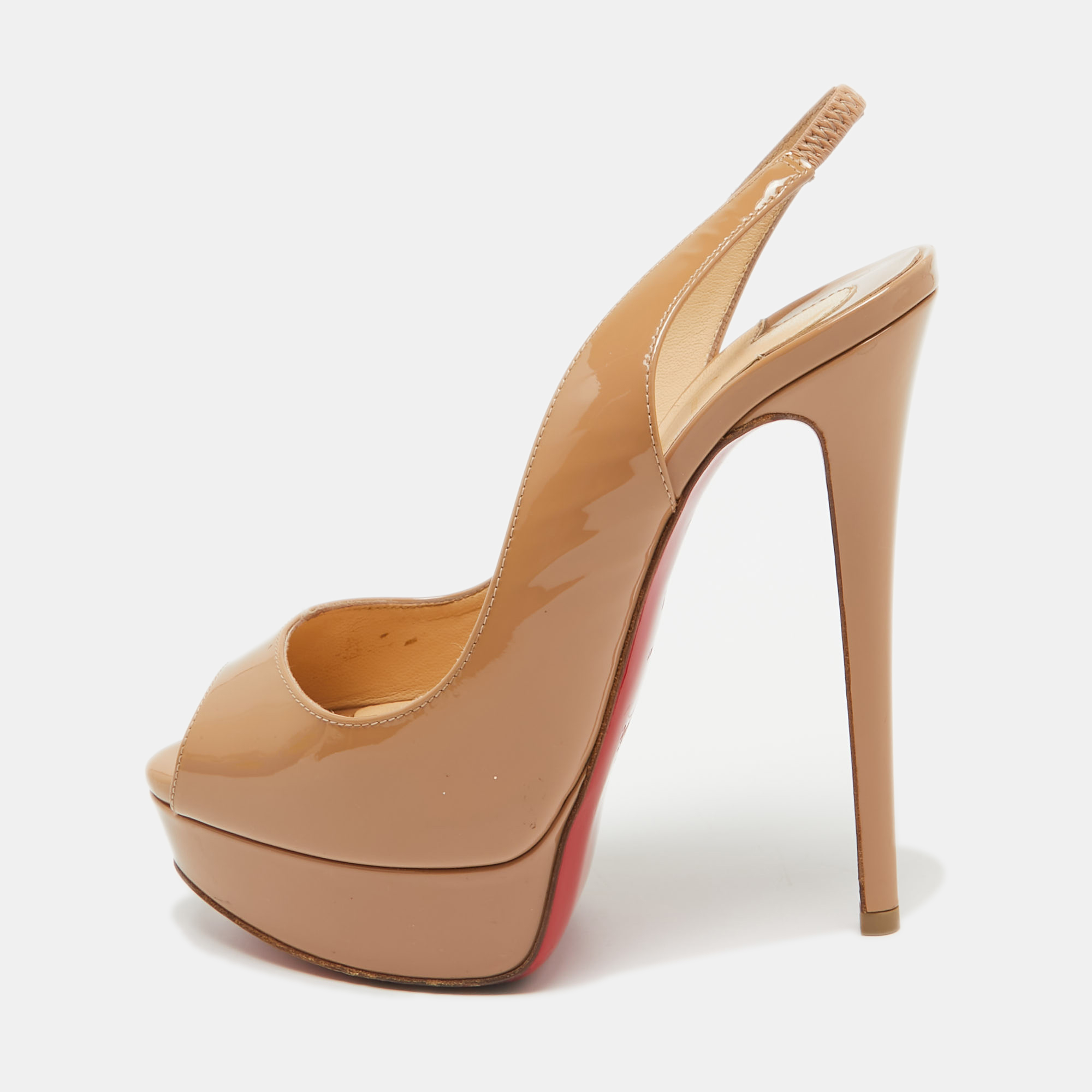 Pre-owned Christian Louboutin Beige Patent Leather Lady Peep Slingback Pumps Size 36.5