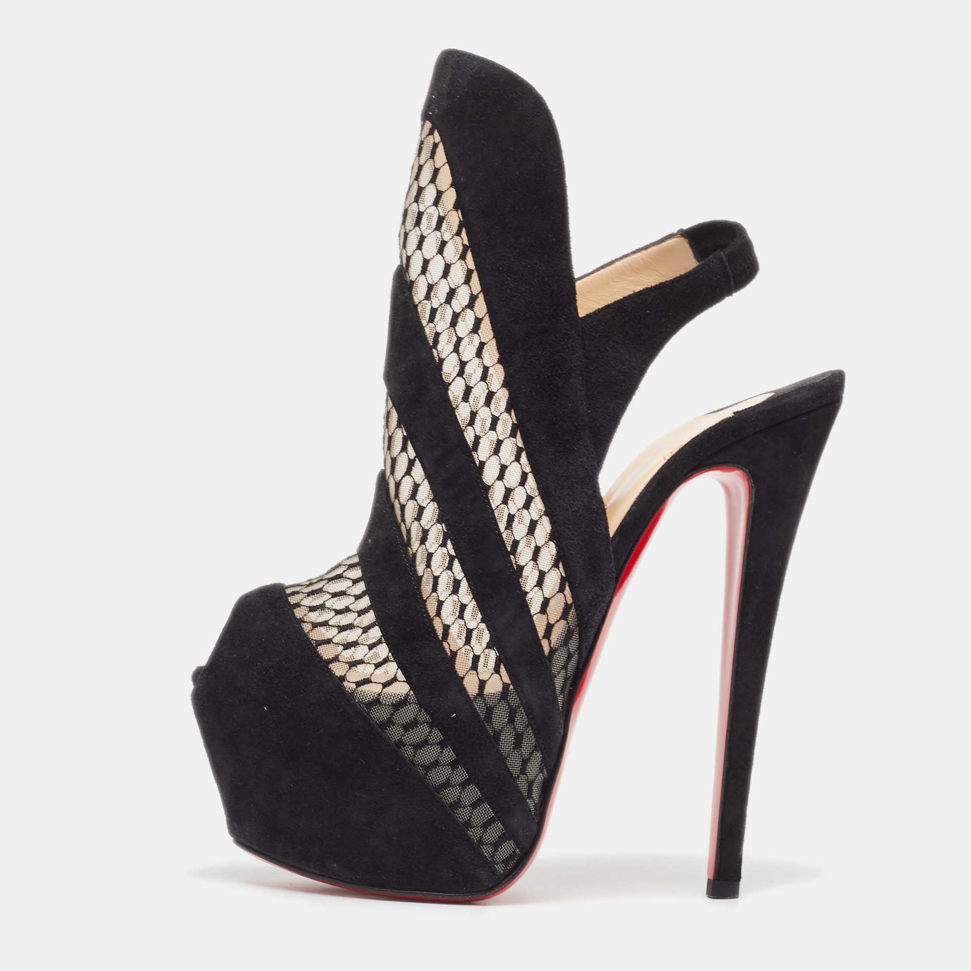 Pre-owned Christian Louboutin Black Suede And Mesh Guizi Slingback Sandals Size 37