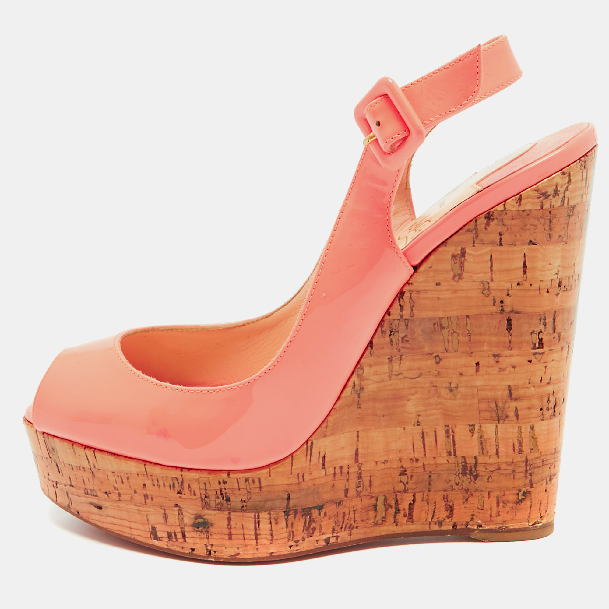 Pre-owned Christian Louboutin Neon Peach Patent Leather Une Plume Wedge Slingback Pumps Size 38 In Pink