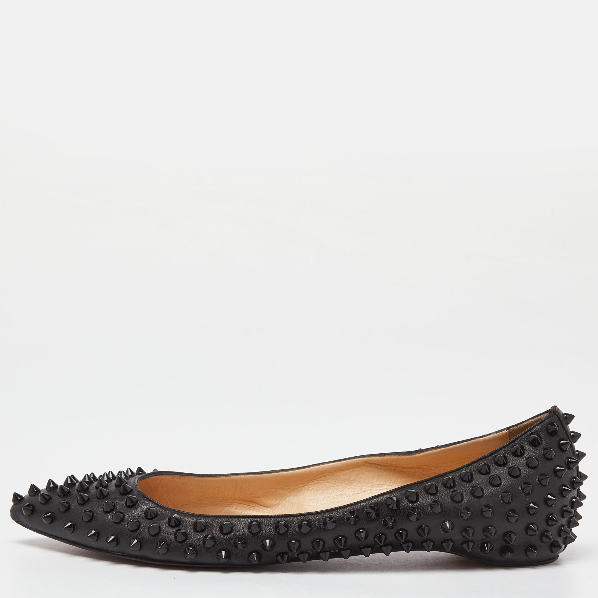 Pre-owned Christian Louboutin Black Leather Pigalle Spikes Ballet Flats Size 41.5