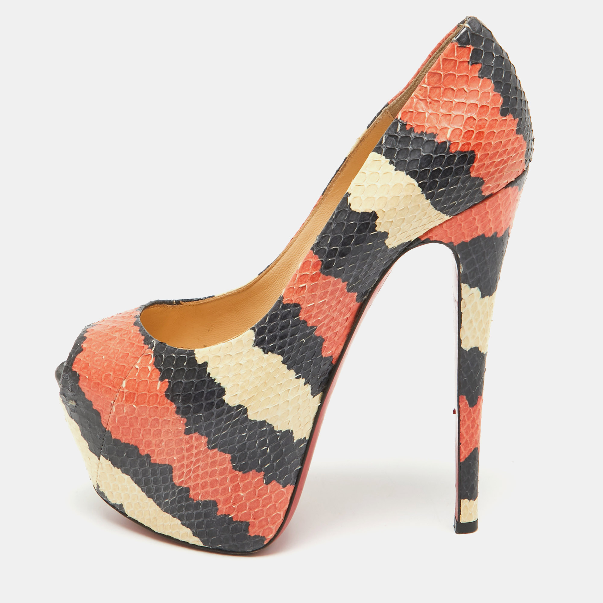 Pre-owned Christian Louboutin Tricolor Python Highness Pumps Size 37 In Orange