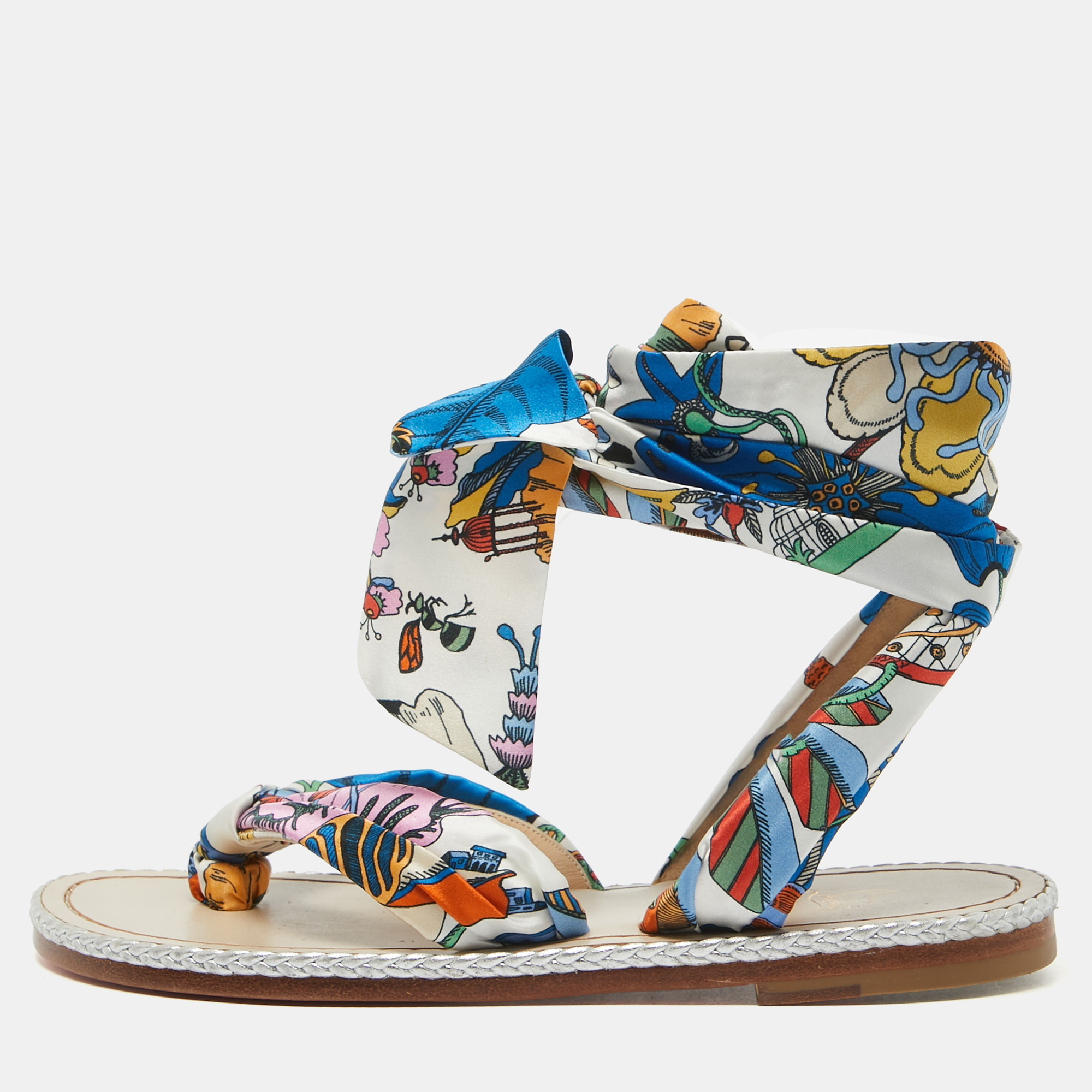 

Christian Louboutin Multicolor Satin Spetsos Ankle Wrap Sandals Size