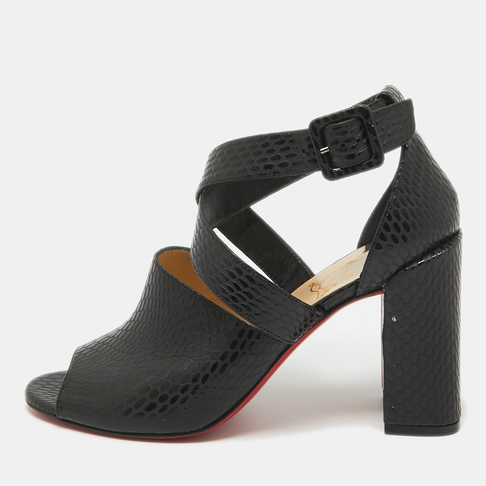 Pre-owned Christian Louboutin Black Python Embossed Bingirl Sandals Size 37