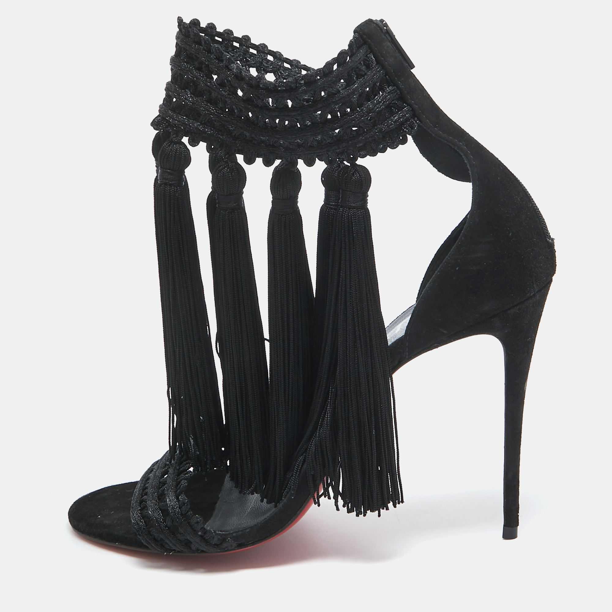 

Christian Louboutin Black Lace and Suede Palma Macrame Sandals Size