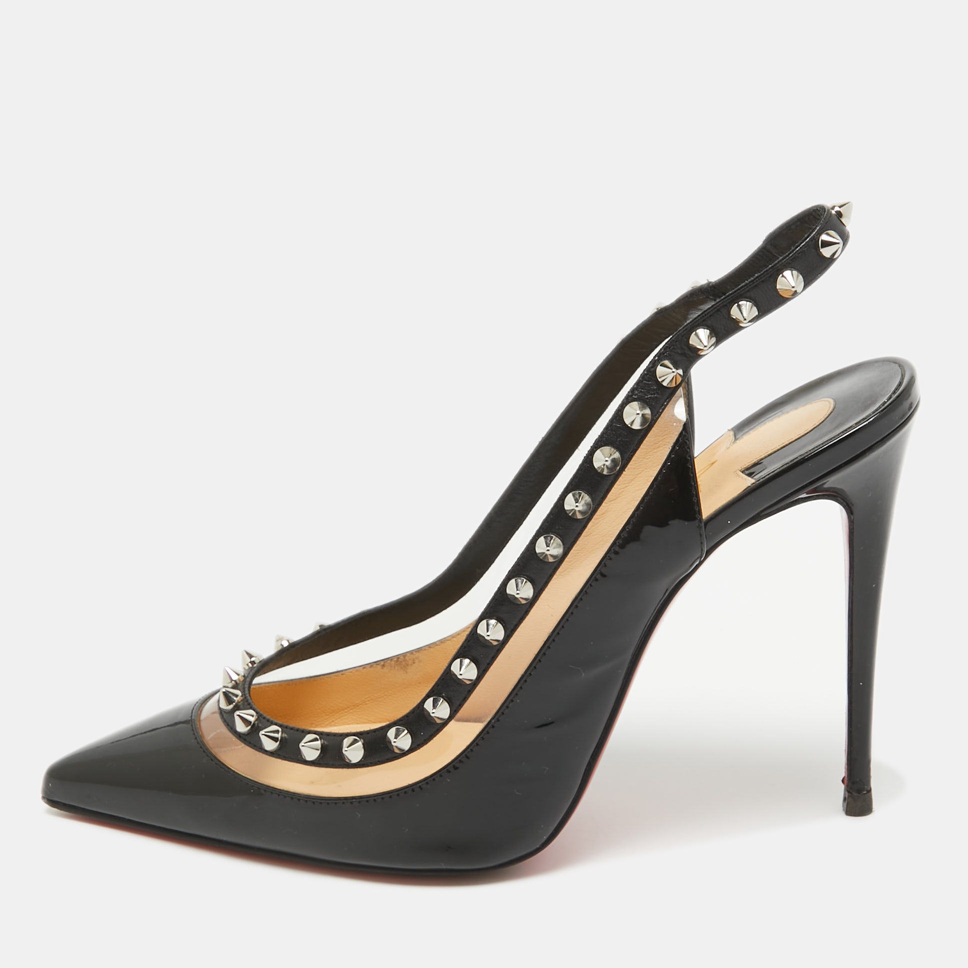 Pre-owned Christian Louboutin Black Patent Leather And Pvc Brigadine Spike Slingback Sandals Size 38