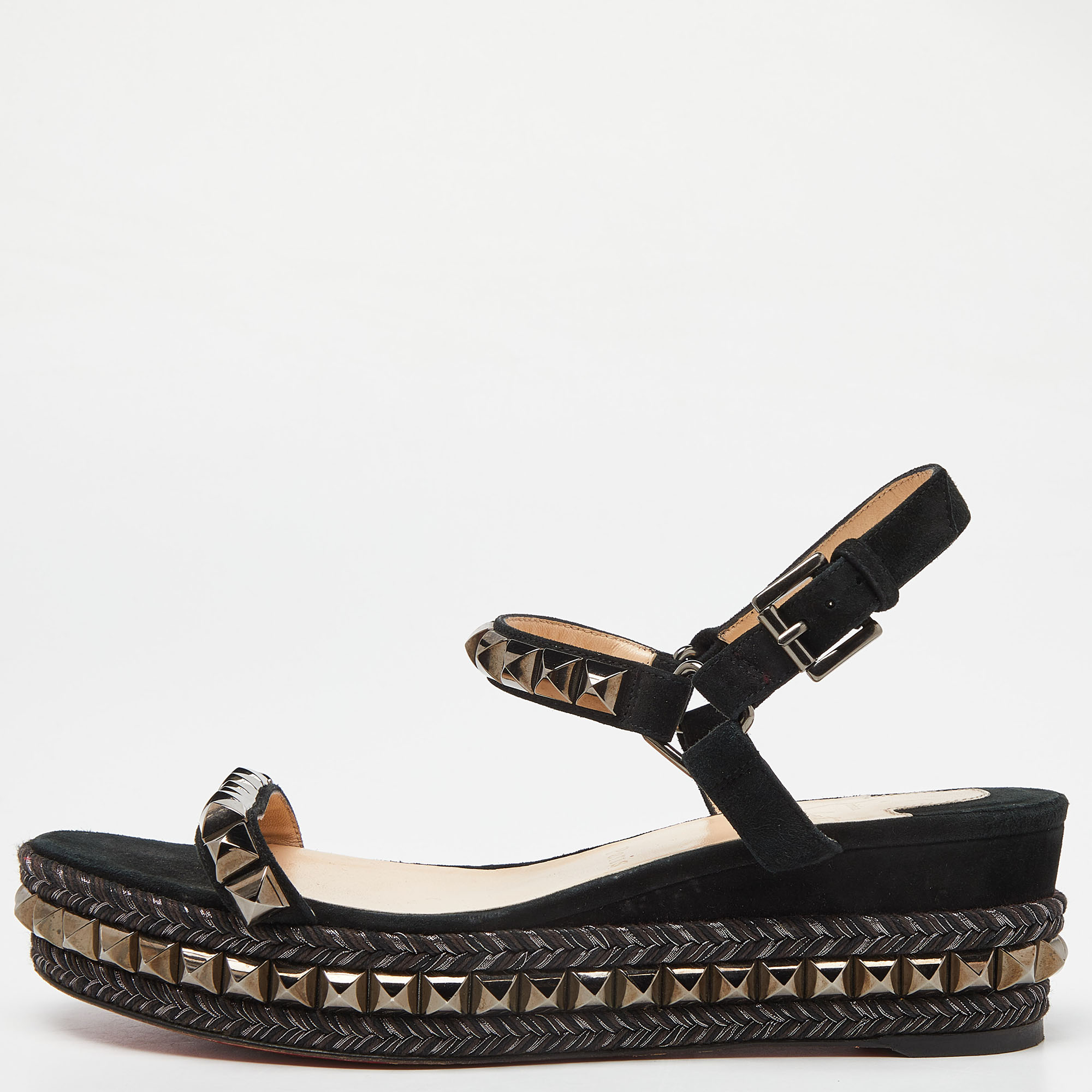 

Christian Louboutin Black Suede Studded Pyraclou Sandals Size