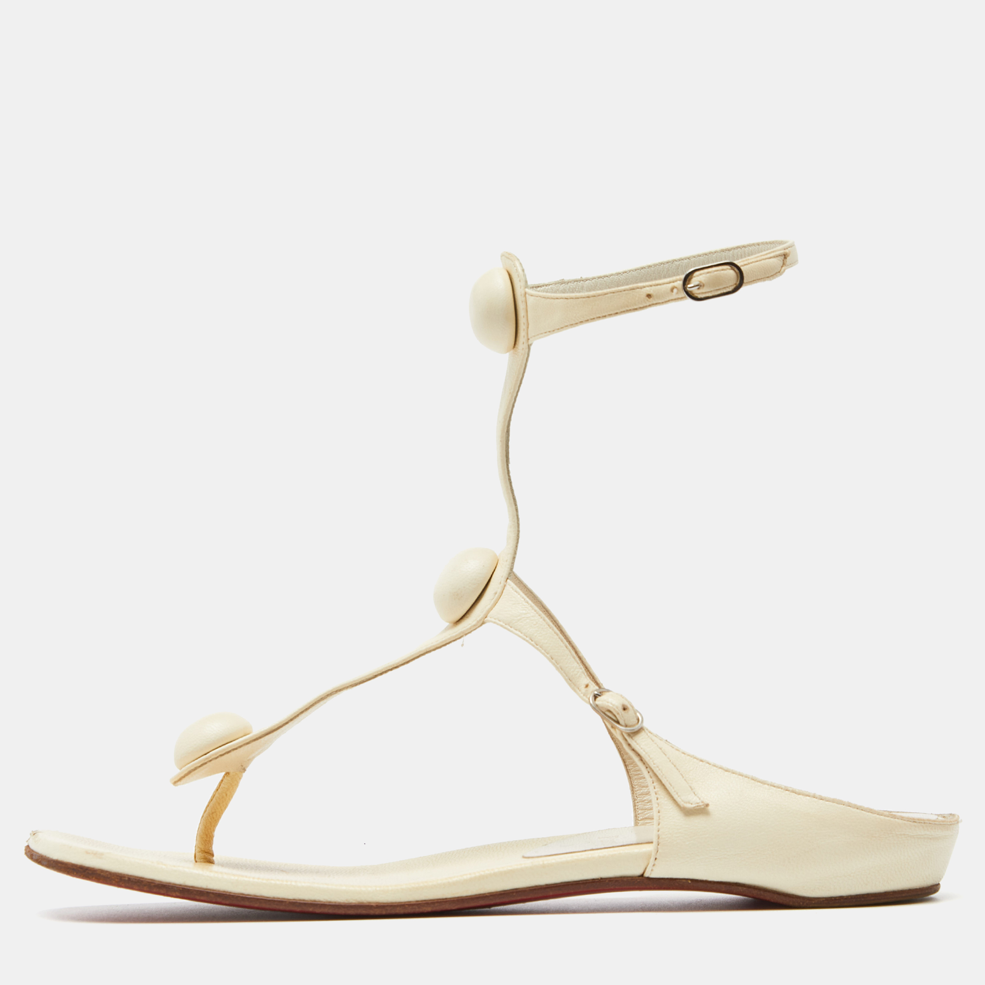 

Christian Louboutin Cream Leather Thong Ankle Strap Flat Sandals Size