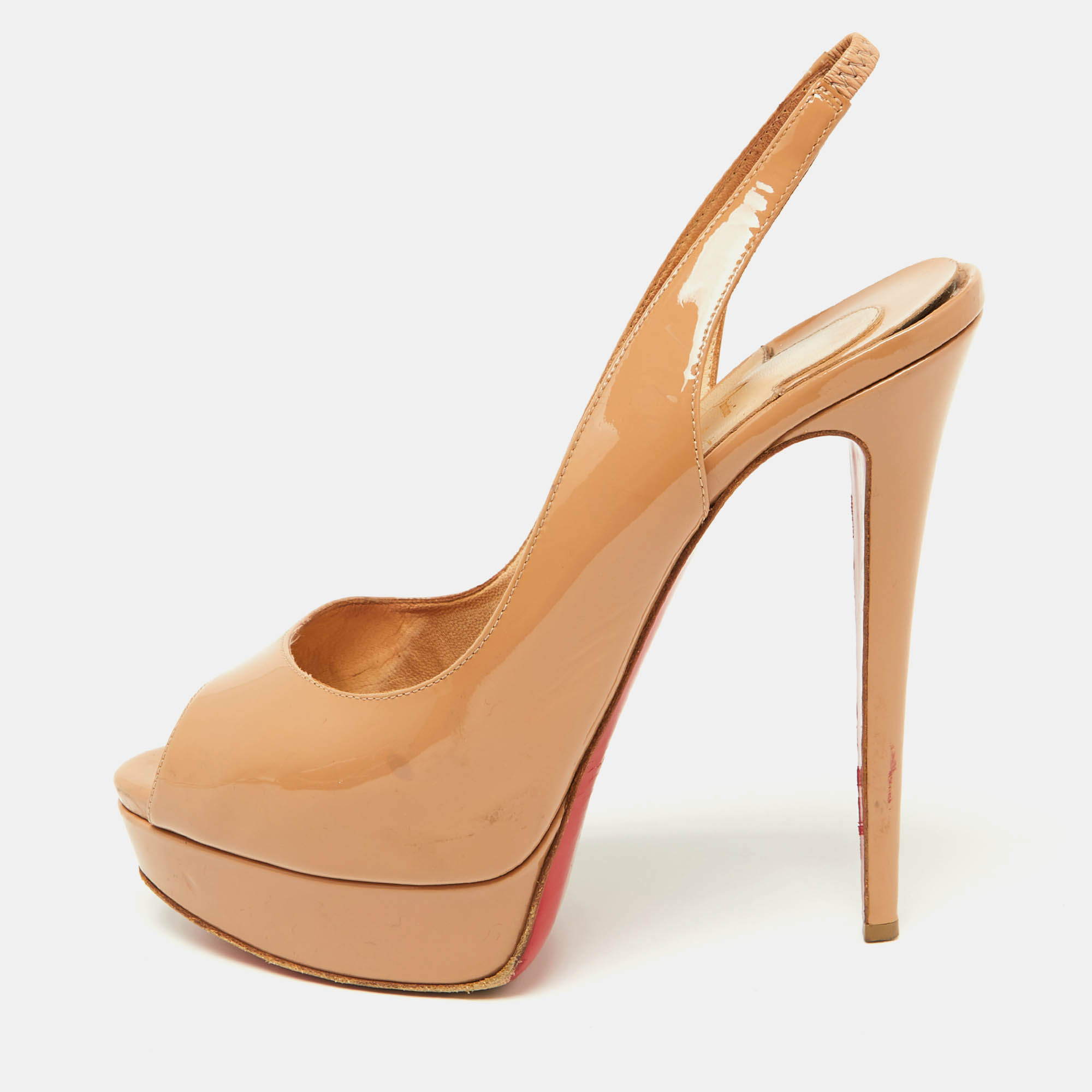 Pre-owned Christian Louboutin Beige Patent Leather Lady Peep Slingback Pumps Size 40