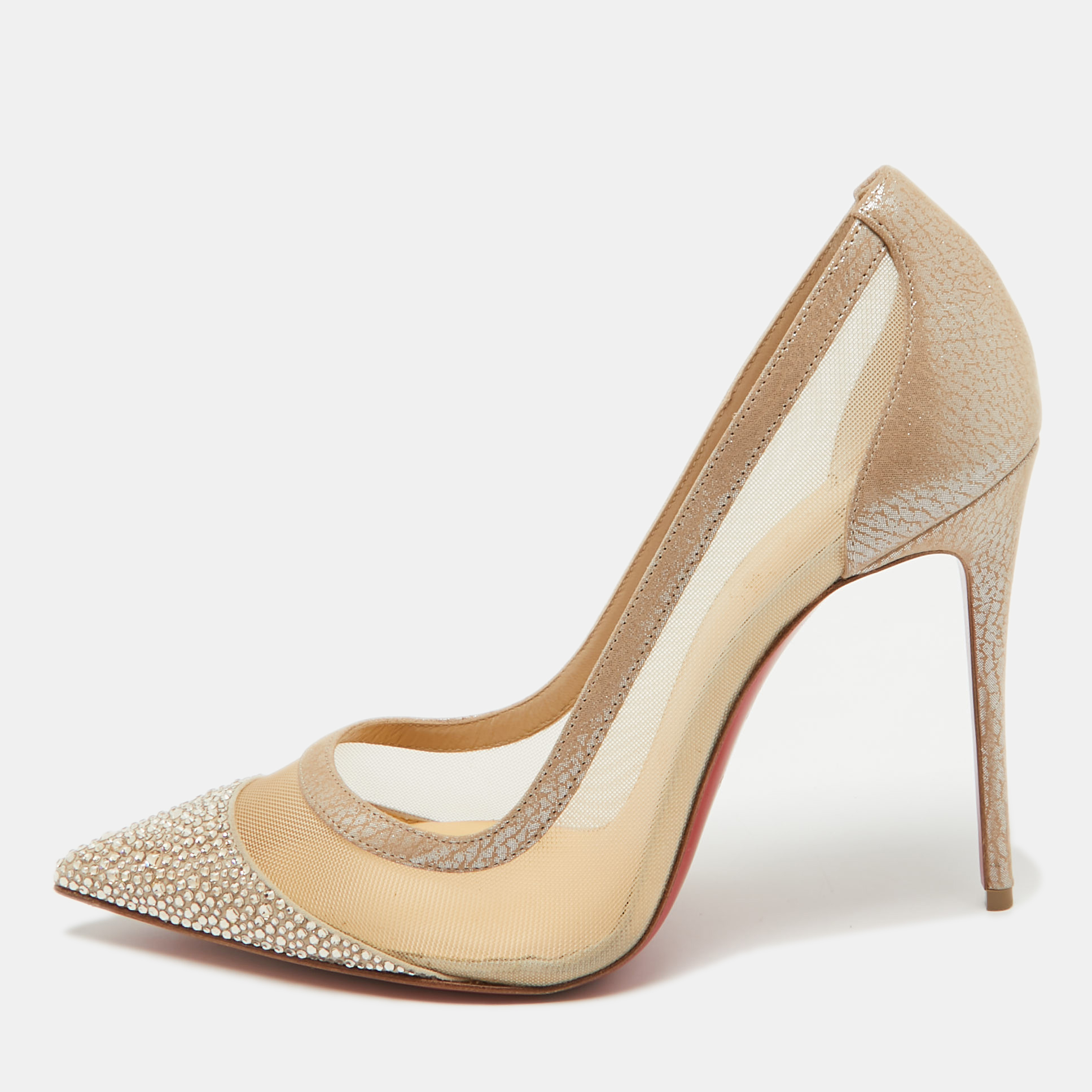 

Christian Louboutin Beige Laminated Suede and Mesh Galativi Strass Pumps Size