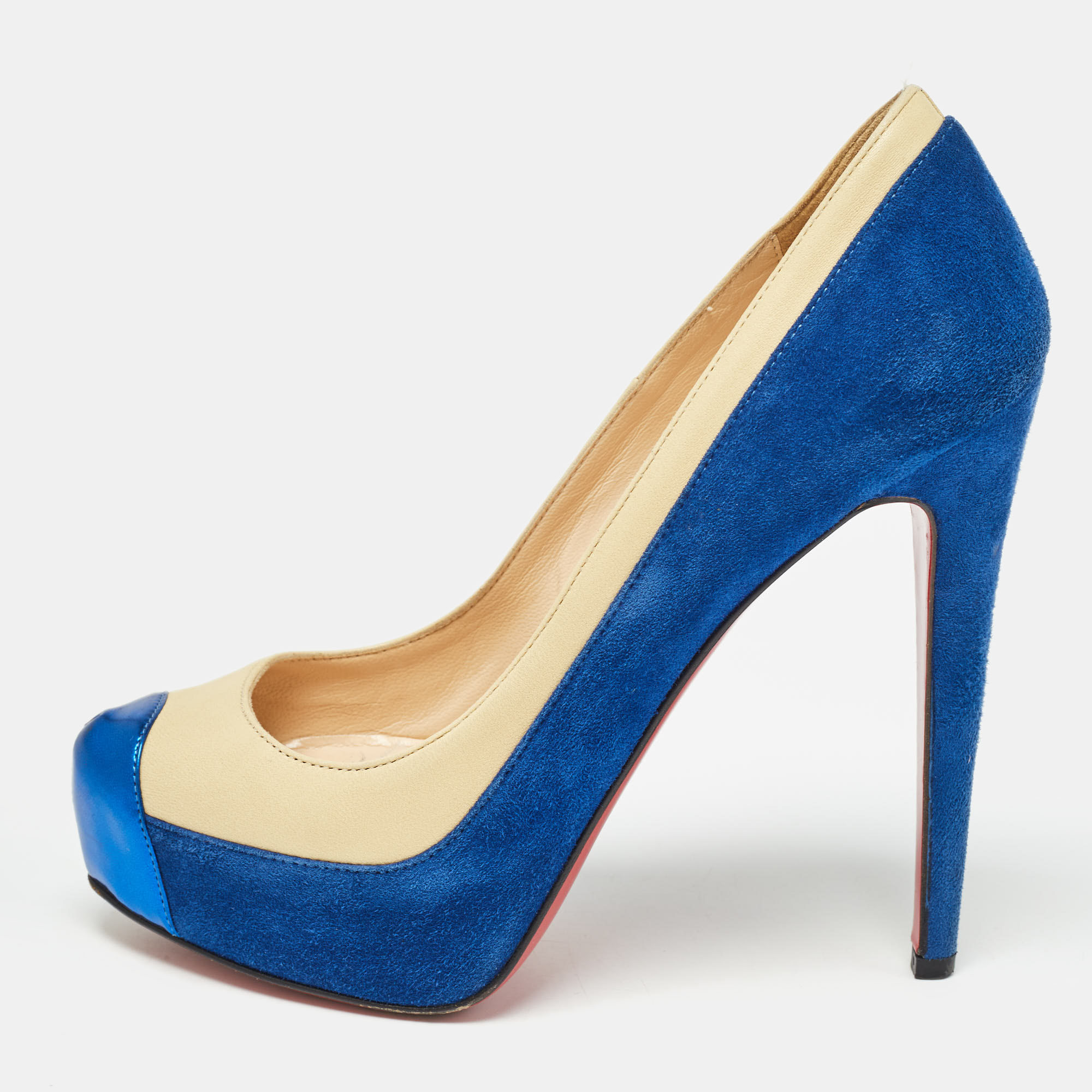 

Christian Louboutin Blue/Light Yellow Suede and Leather Pumps Size