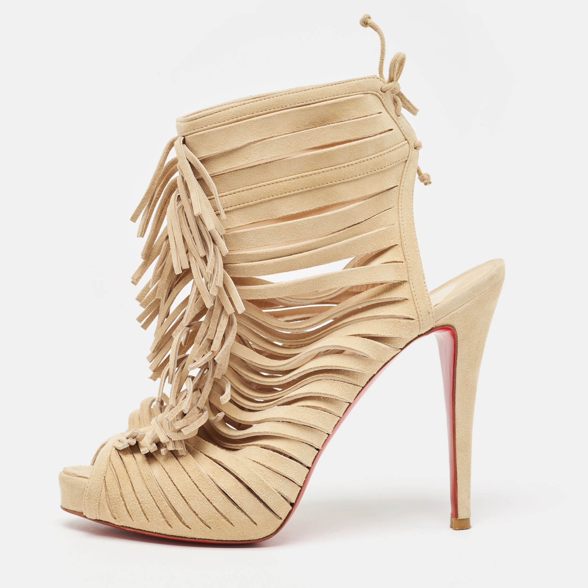 

Christian Louboutin Beige Suede Fringe Detail Trim Accent Peep Toe Ankle Boots Size