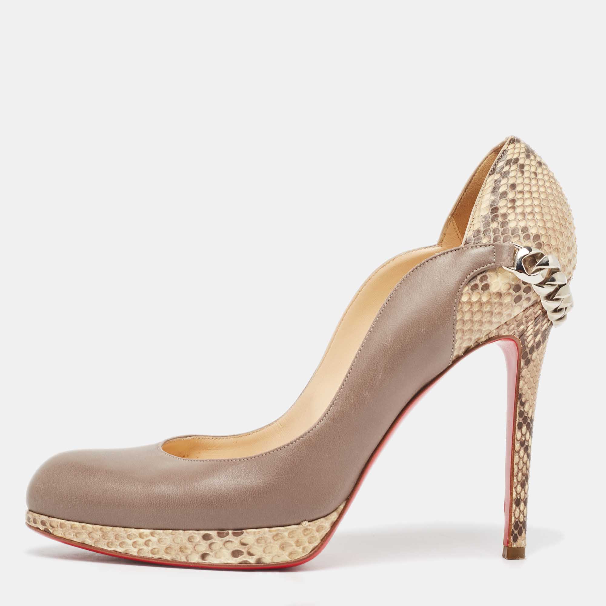 

Christian Louboutin Grey/Beige Leather and Python Chain Link Detail Platform Pumps Size