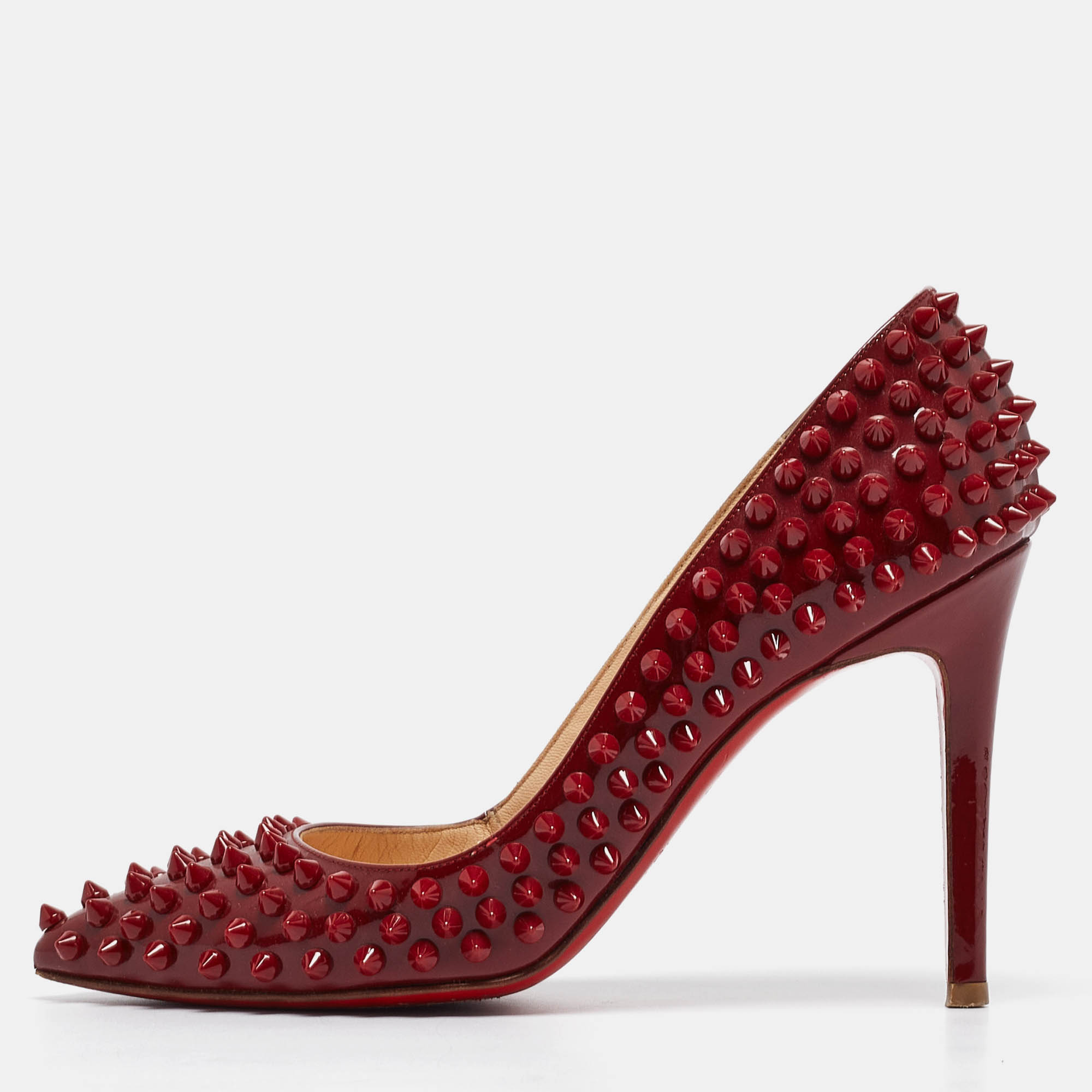 Pre-owned Christian Louboutin Dark Red Patent Leather Pigalle Spikes Pumps Size 36
