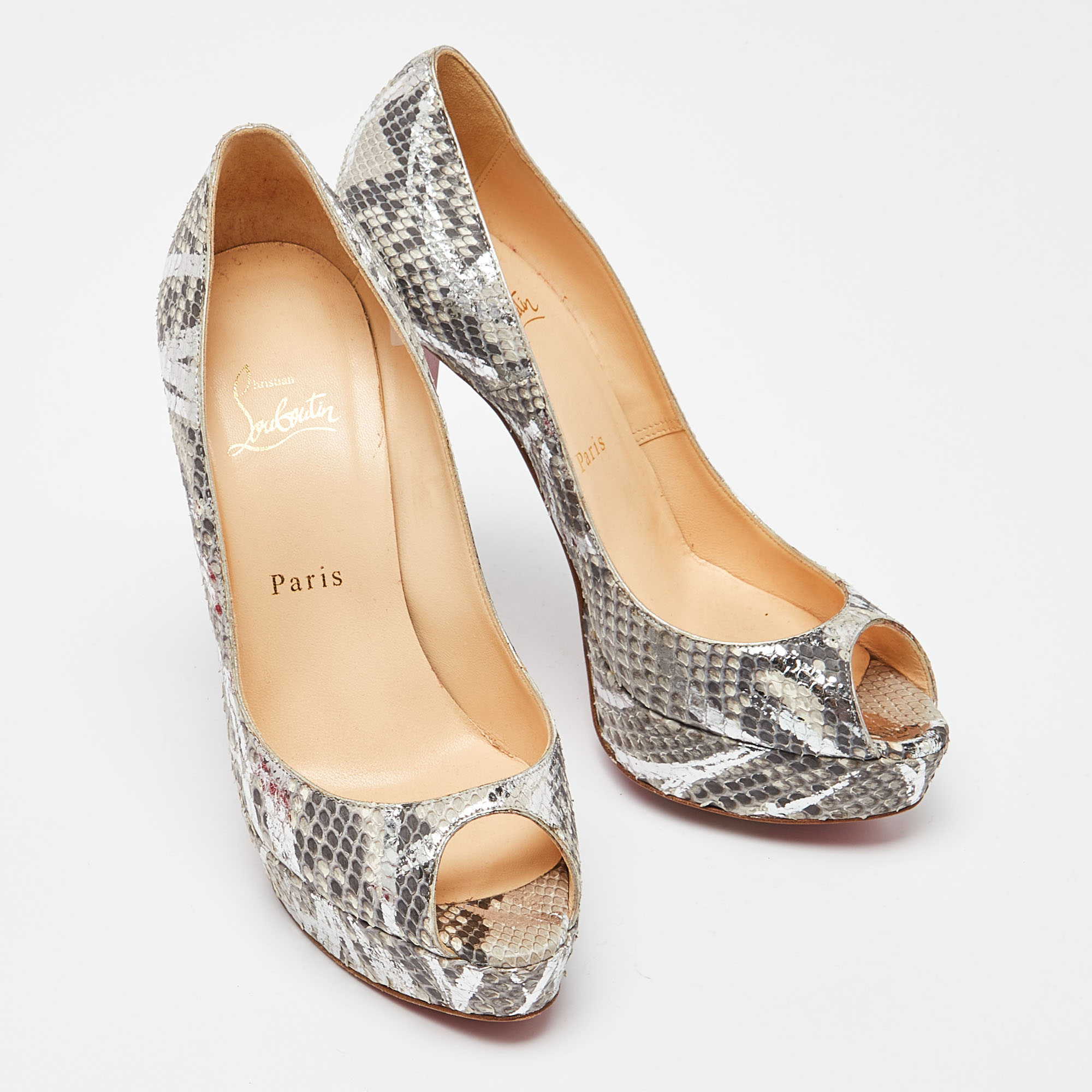 Christian Louboutin Grey/Silver Python Lady Peep Toe Platform Pumps Size 38.5 
