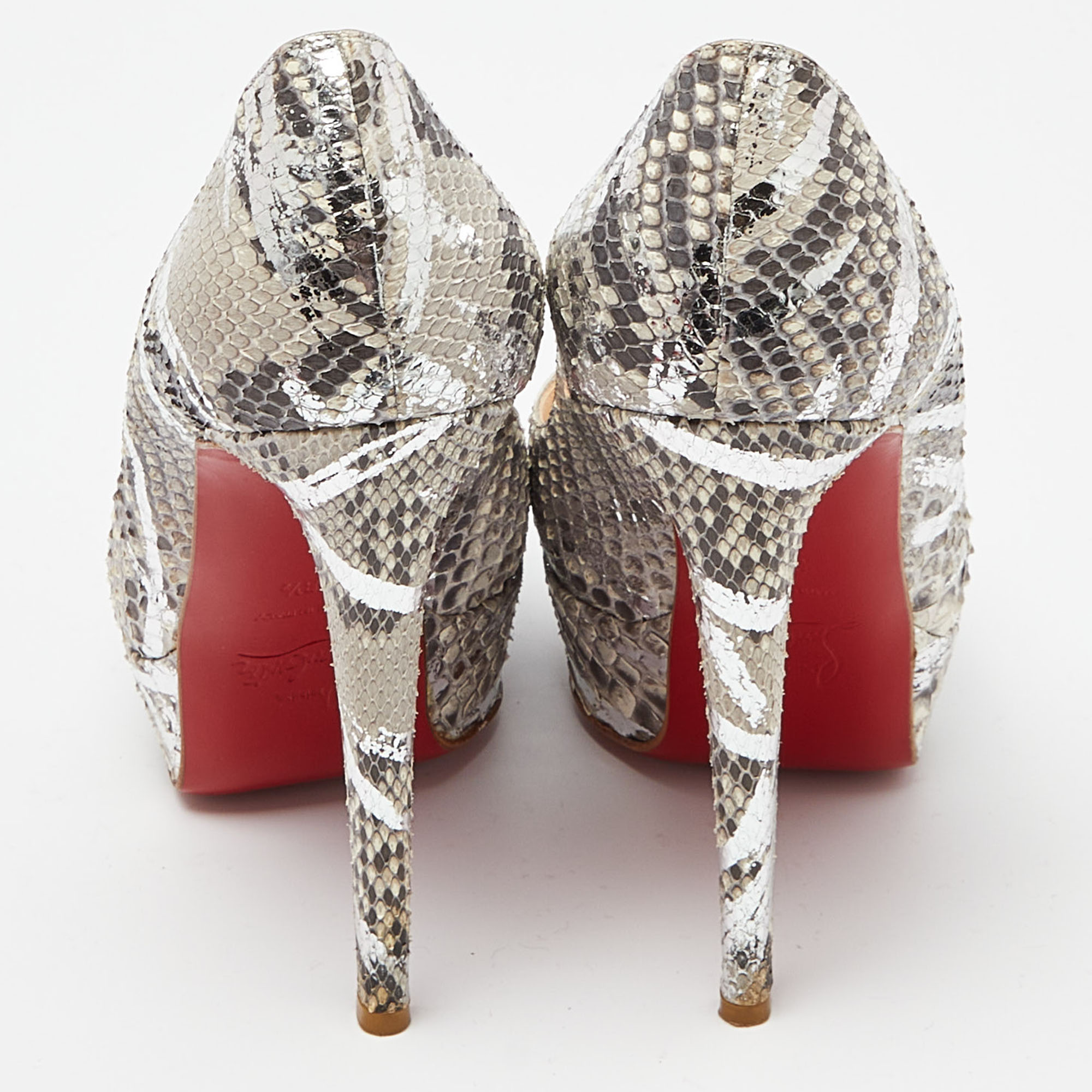 Christian Louboutin Grey/Silver Python Lady Peep Toe Platform Pumps Size 38.5 