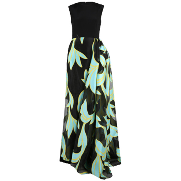 Christian Siriano Black and Turquoise Silk Printed Gown S