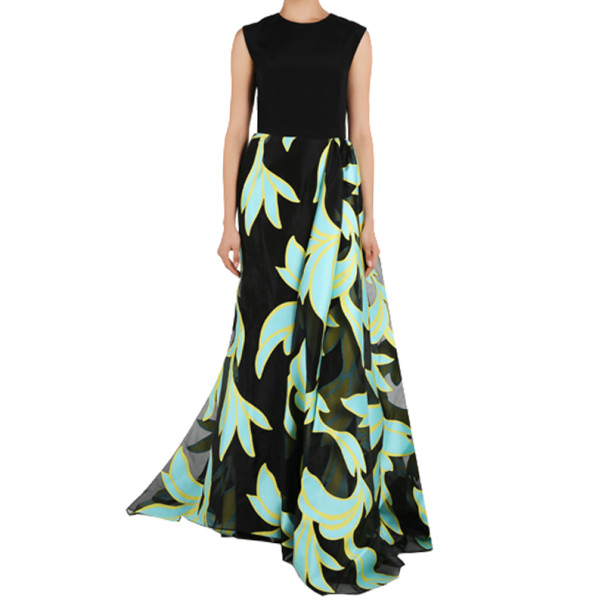 

Christian Siriano Black and Turquoise Silk Printed Gown