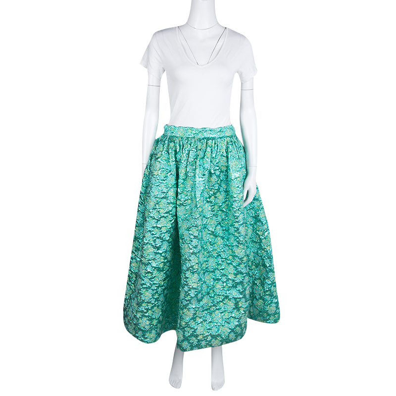 

Christian Siriano Metallic Green Floral Jacquard Bubble Lamé Tea Length Skirt