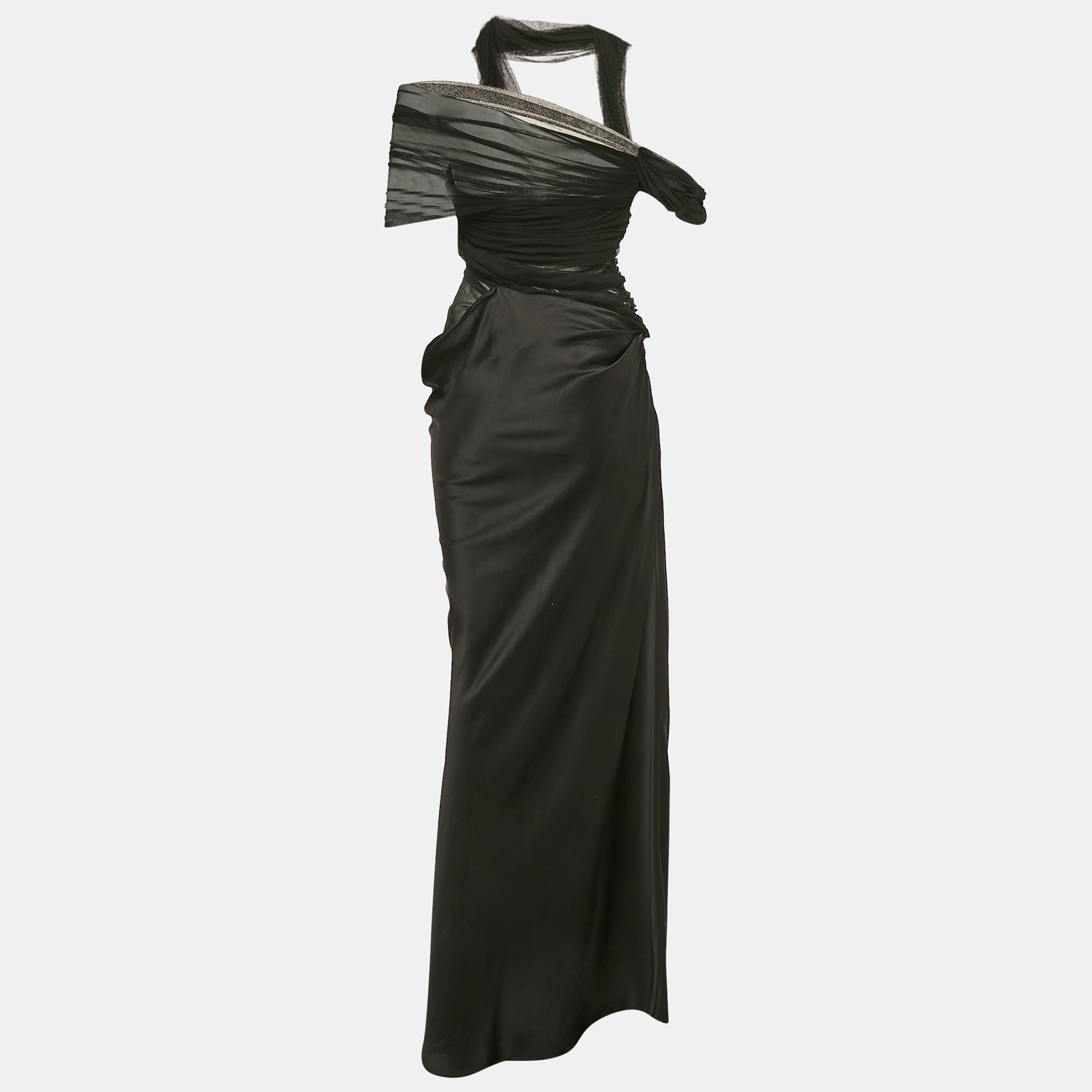 

Christopher Esber Black Mesh and Satin Draped Top and Skirt Set M