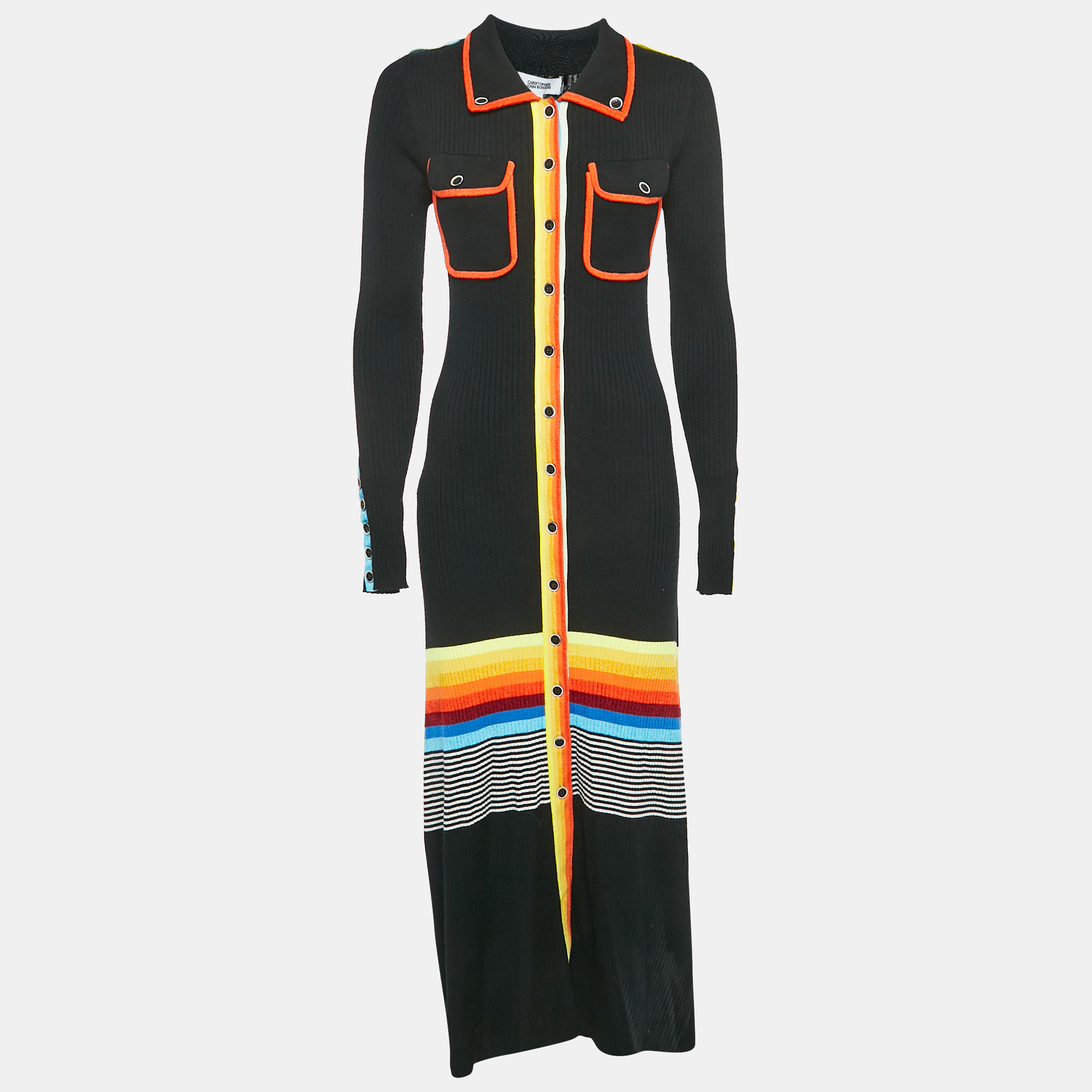 

Christopher John Rogers Black Stripe Button Front Long Shirt Dress M