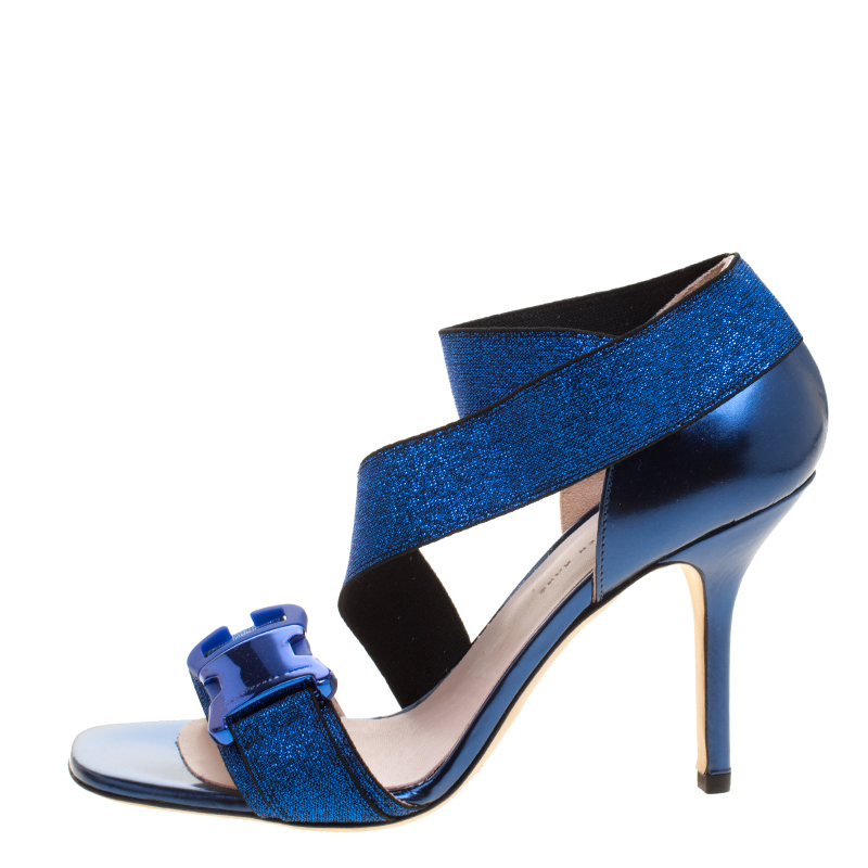 

Christopher Kane Electric Blue Leather and Lurex Safety Buckle Open Toe Sandals Size, Metallic