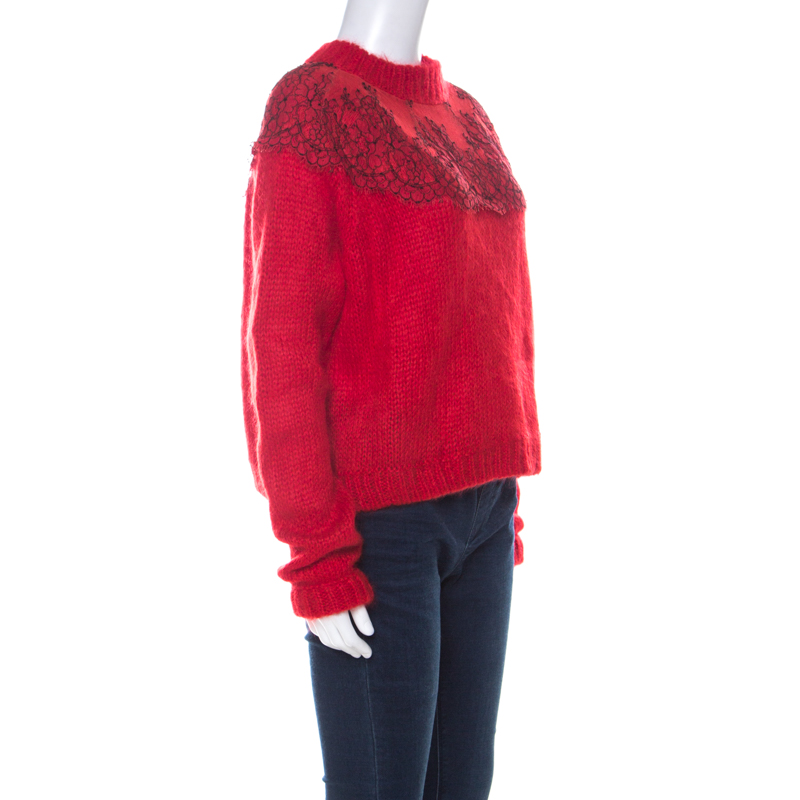 

Christopher Kane Red Mohair Wool Blend Lace Applique Sweater