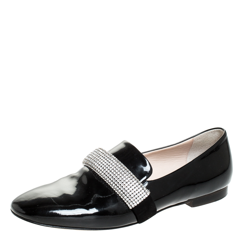 Christopher Kane Black Patent Leather Crystal Embellished Loafers Size 37