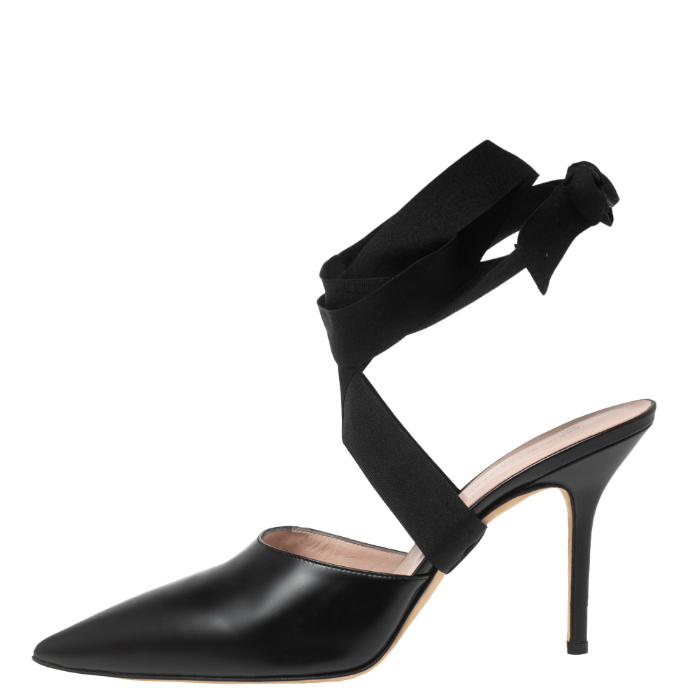 

Christopher Kane Black Leather Pointed Toe Ankle Wrap Mule Sandals Size