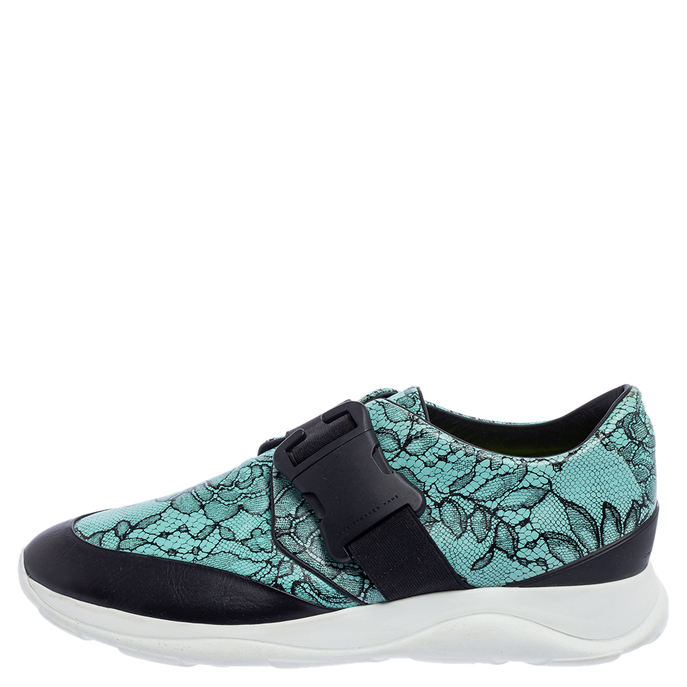 

Christopher Kane Blue/Black Lace Print Leather Safety Buckle Low Top Sneakers Size