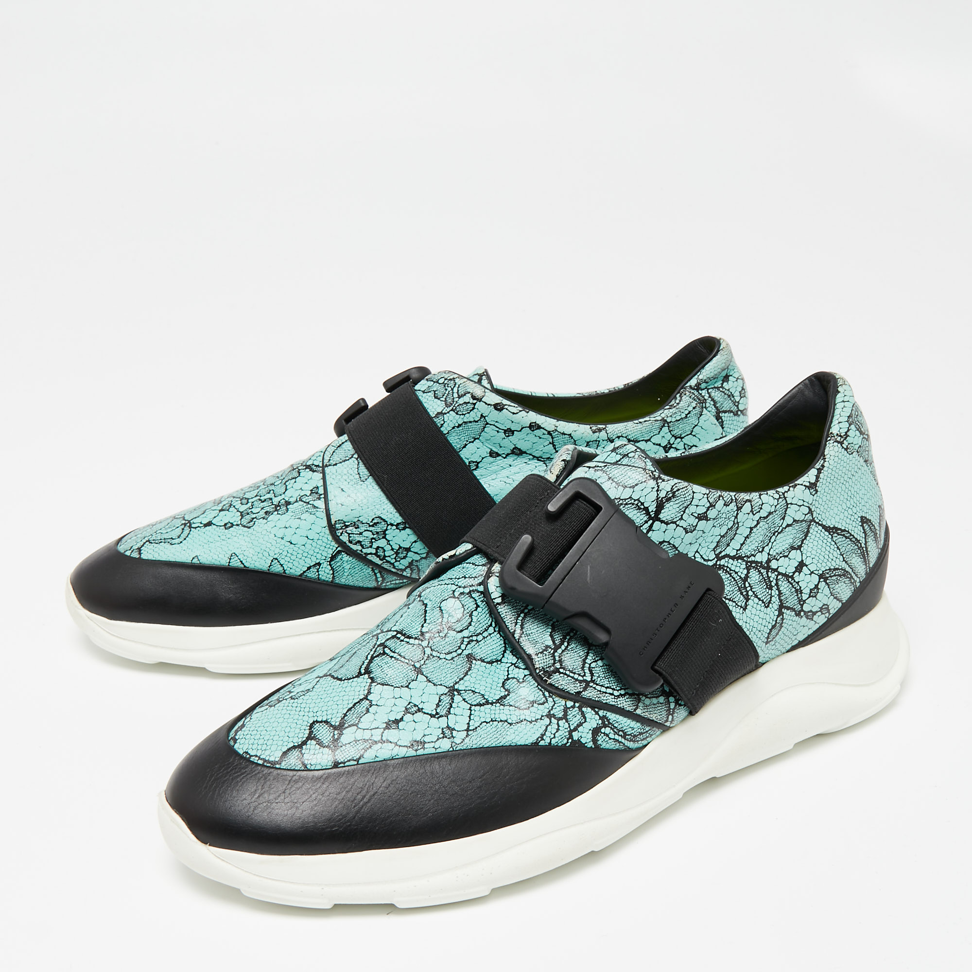 

Christopher Kane Black/Blue Lace Print Leather Safety Buckle Low Top Sneakers Size