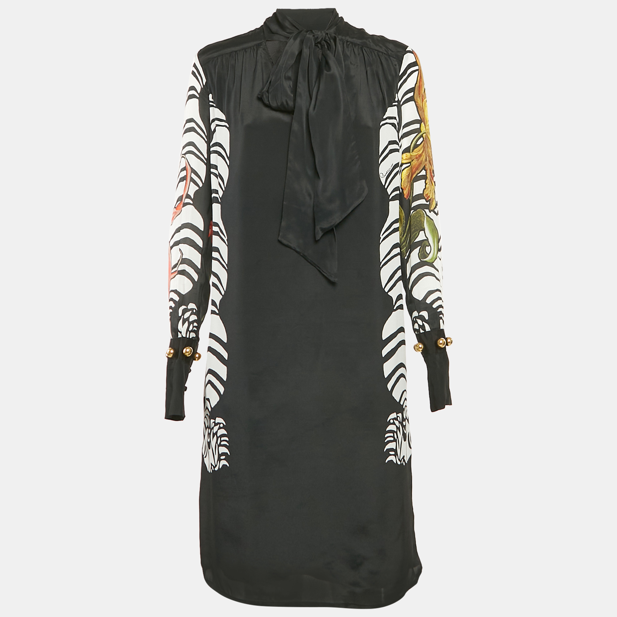 

Class by Roberto Cavalli Black Printed Tie-Up Neck Midi Dress M