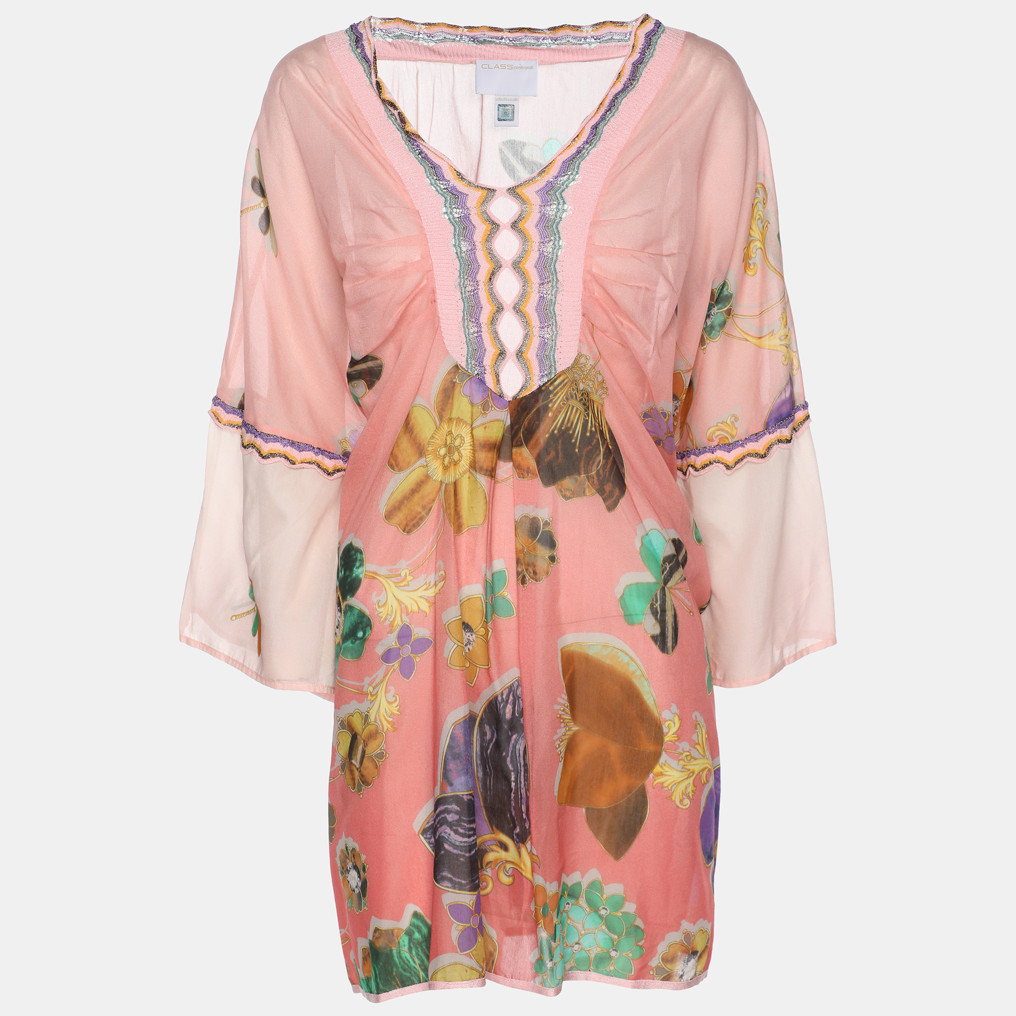 Pre-owned Class By Roberto Cavalli Multicolor Floral Print Chiffon Tunic Blouse M