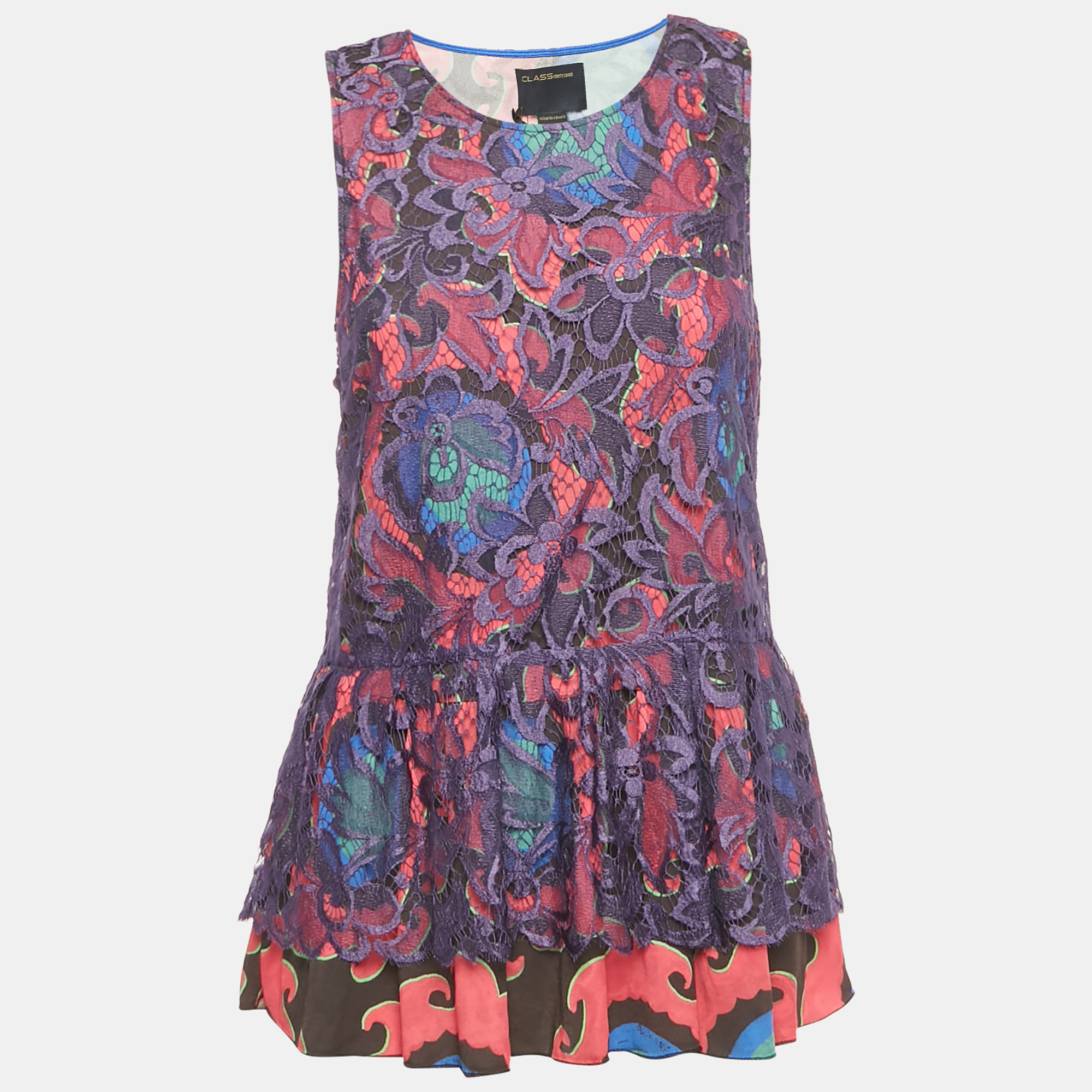 Pre-owned Class By Roberto Cavalli Multicolor Printed Lace Sleeveless Top L