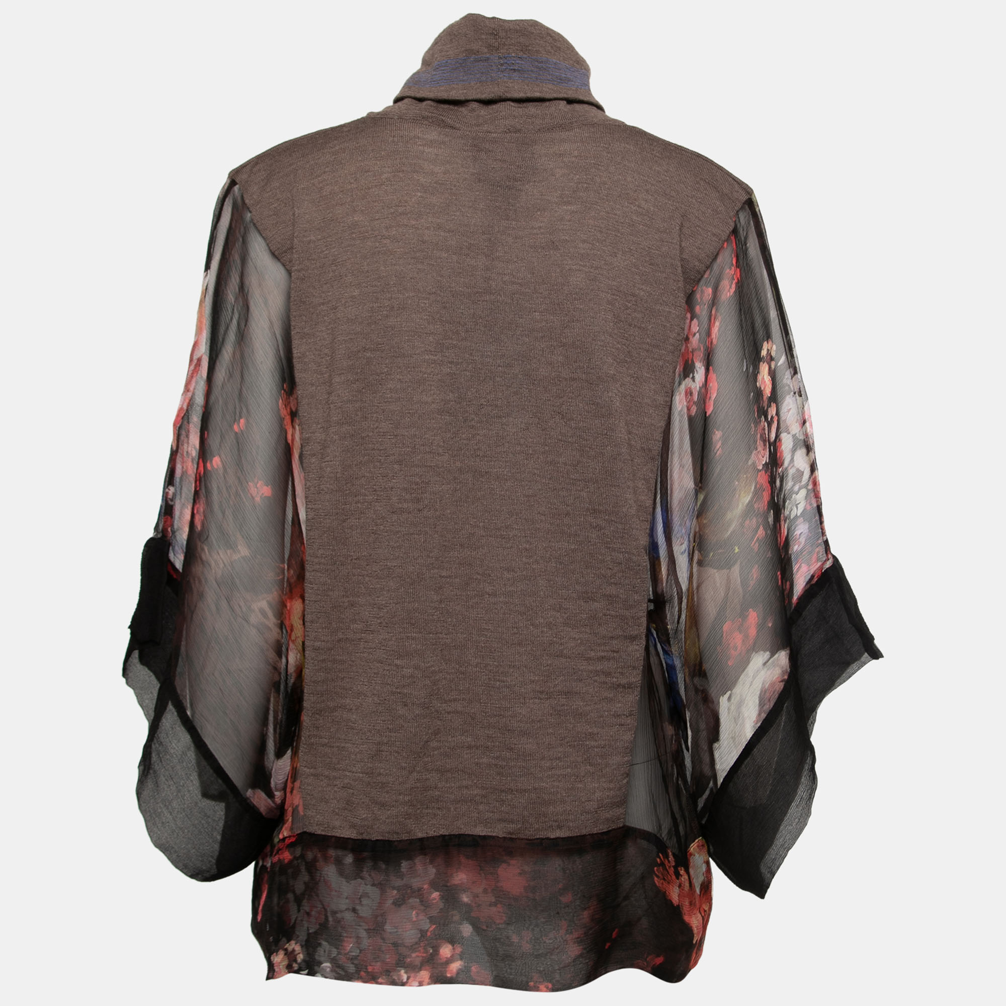 

Class by Roberto Cavalli Brown Knit & Floral Silk High Neck Poncho Top