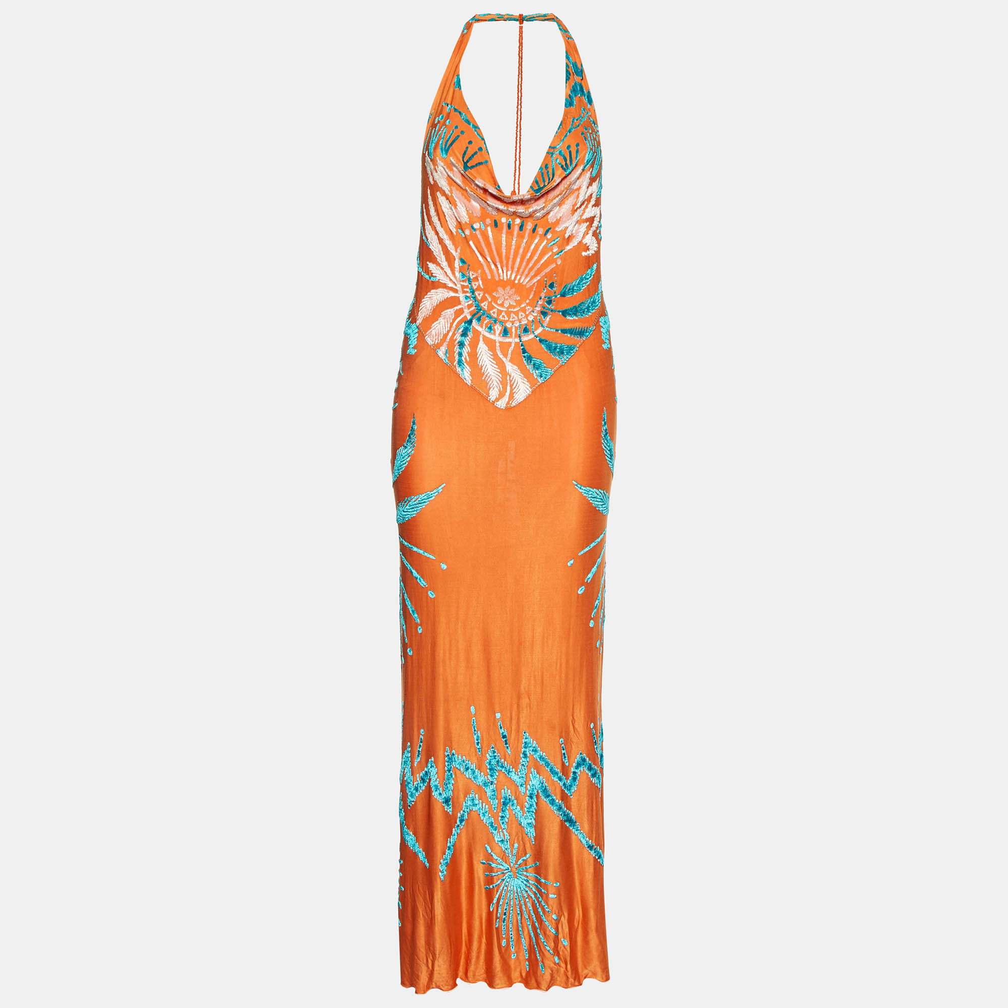 

Class by Roberto Cavalli Orange Jersey Velvet Textured Halter Neck Maxi Dress L