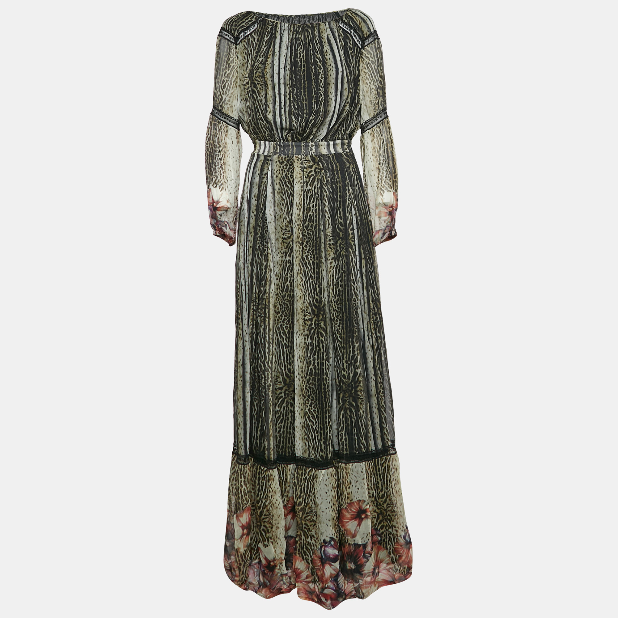 

Class by Roberto Cavalli Green Animal Print Silk Maxi Dress M