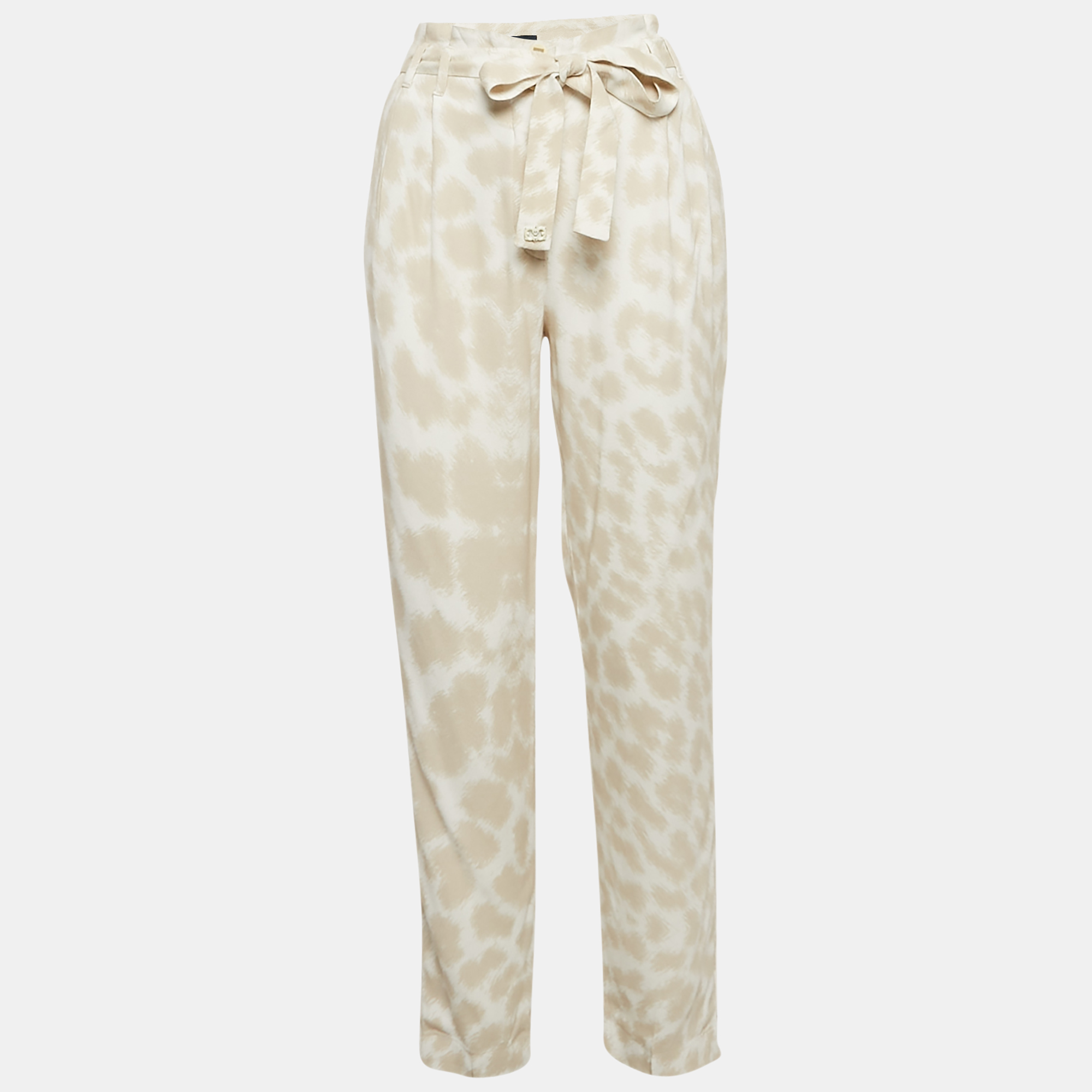 

Class by Roberto Cavalli Beige/White Printed Crepe Belted Pants S