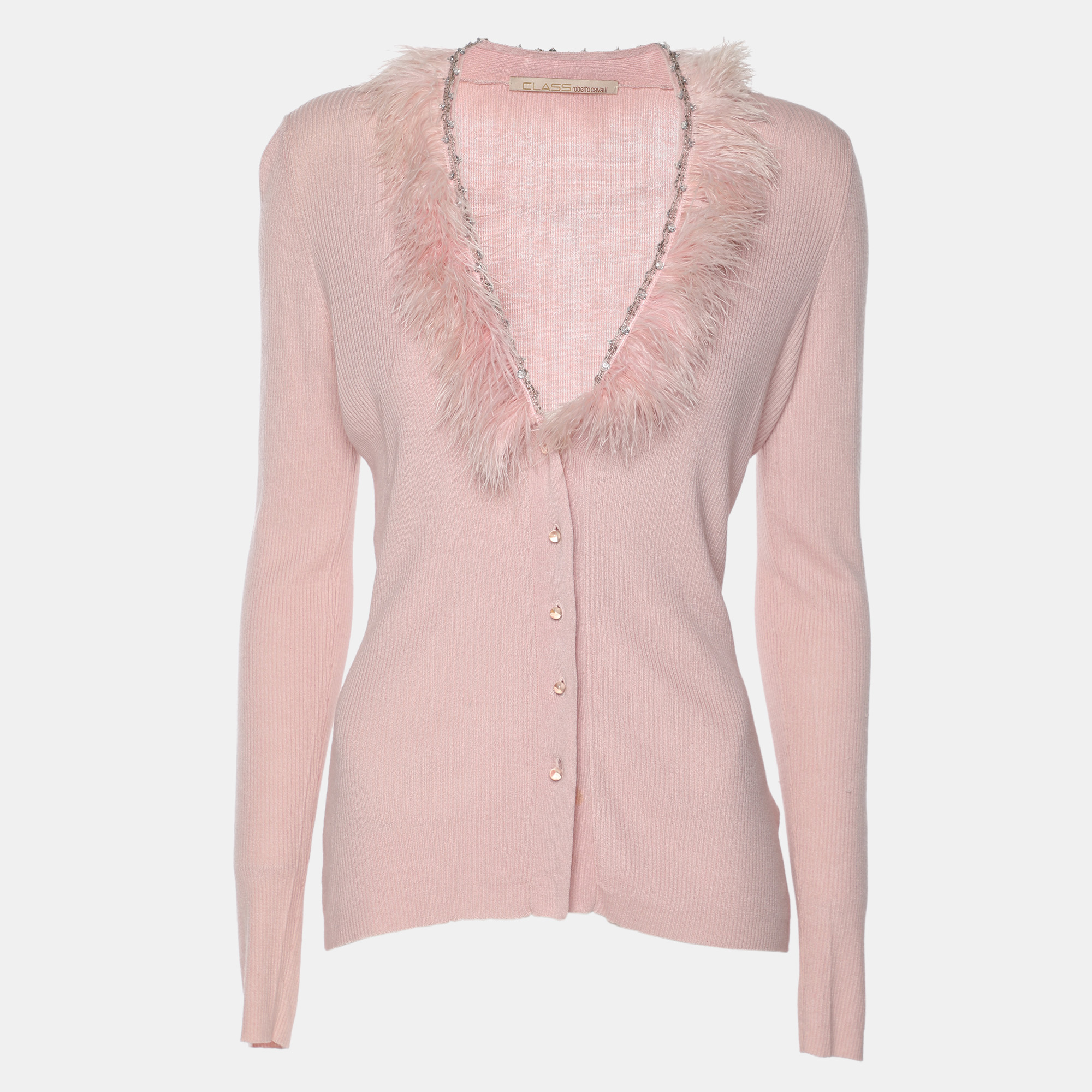 

Class by Roberto Cavalli Pink Stretch Knit and Feather Long Sleeve Cardigan L