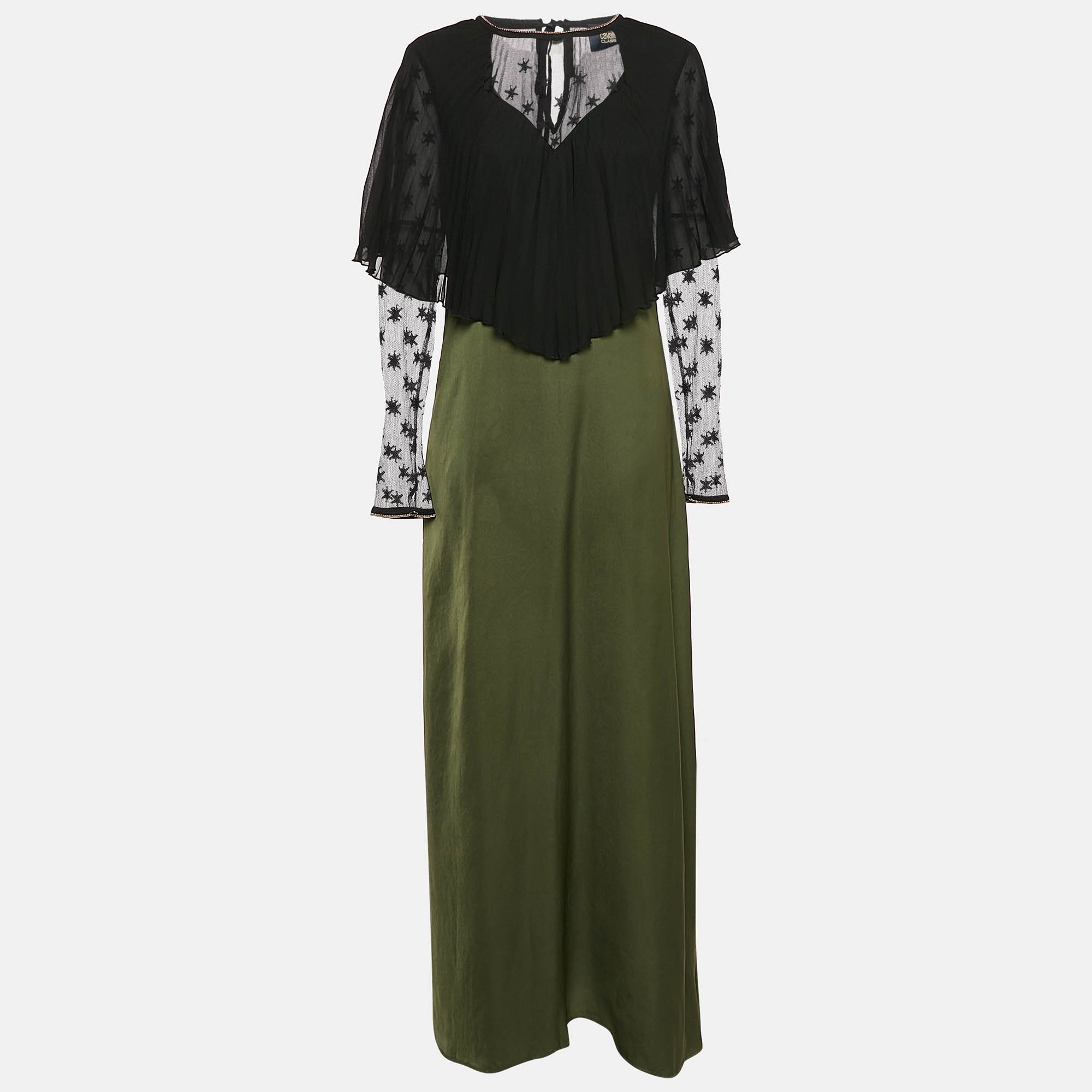 

Class by Roberto Cavalli Green/Black Satin and Nylon Pleated Cape Detail Maxi Dress M