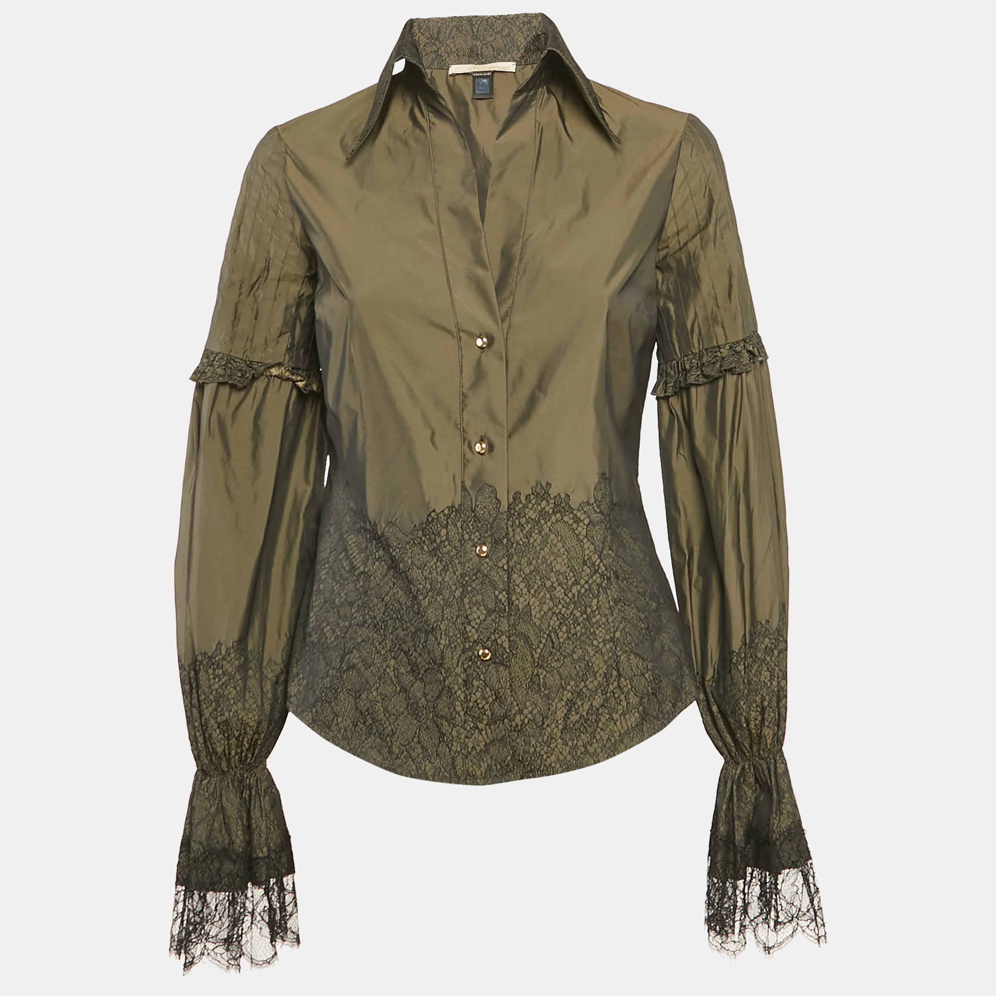 

Class by Roberto Cavalli Green Taffeta Lace Trimmed Button Front Blouse M