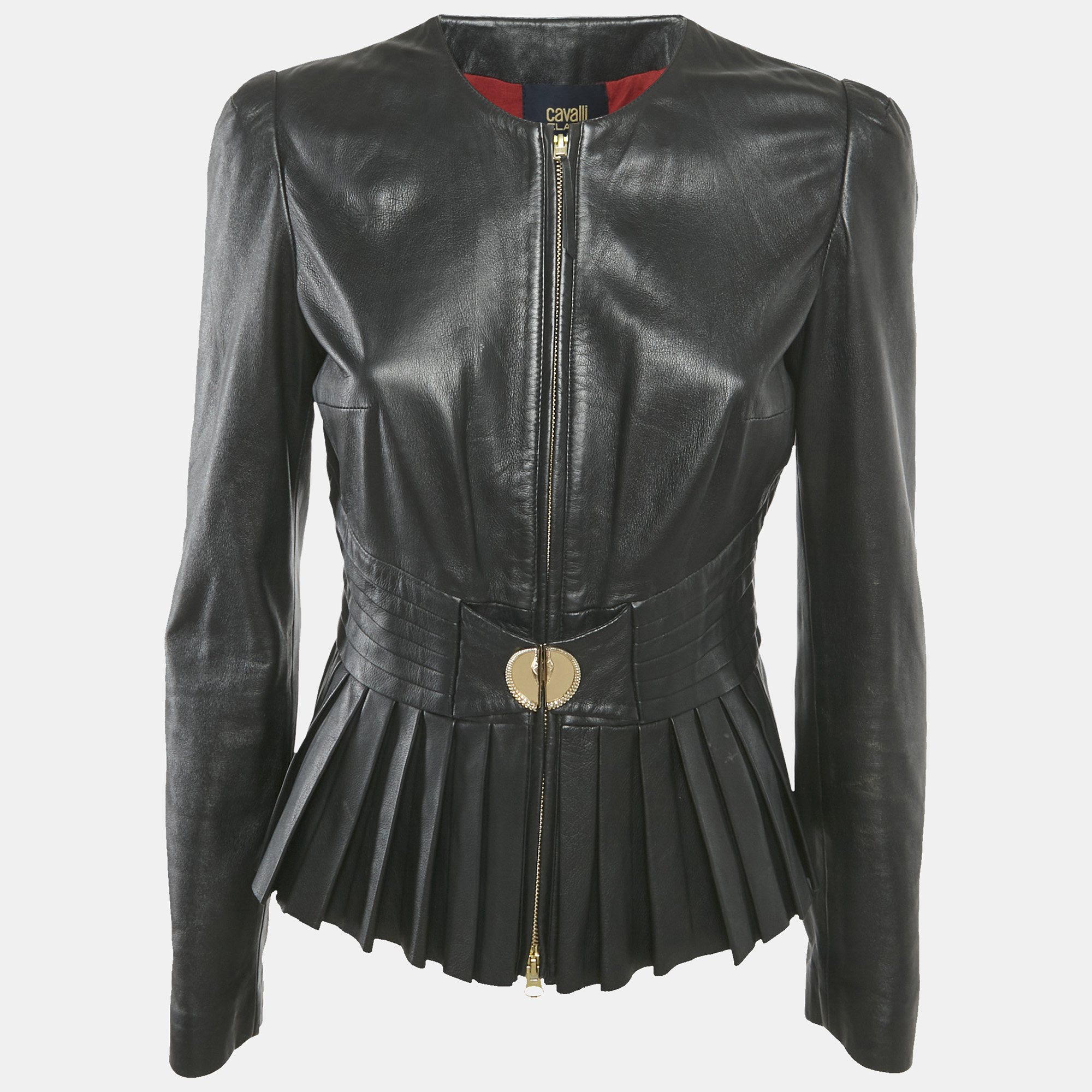 

Class by Roberto Cavalli Black Leather Pleated Jacket M