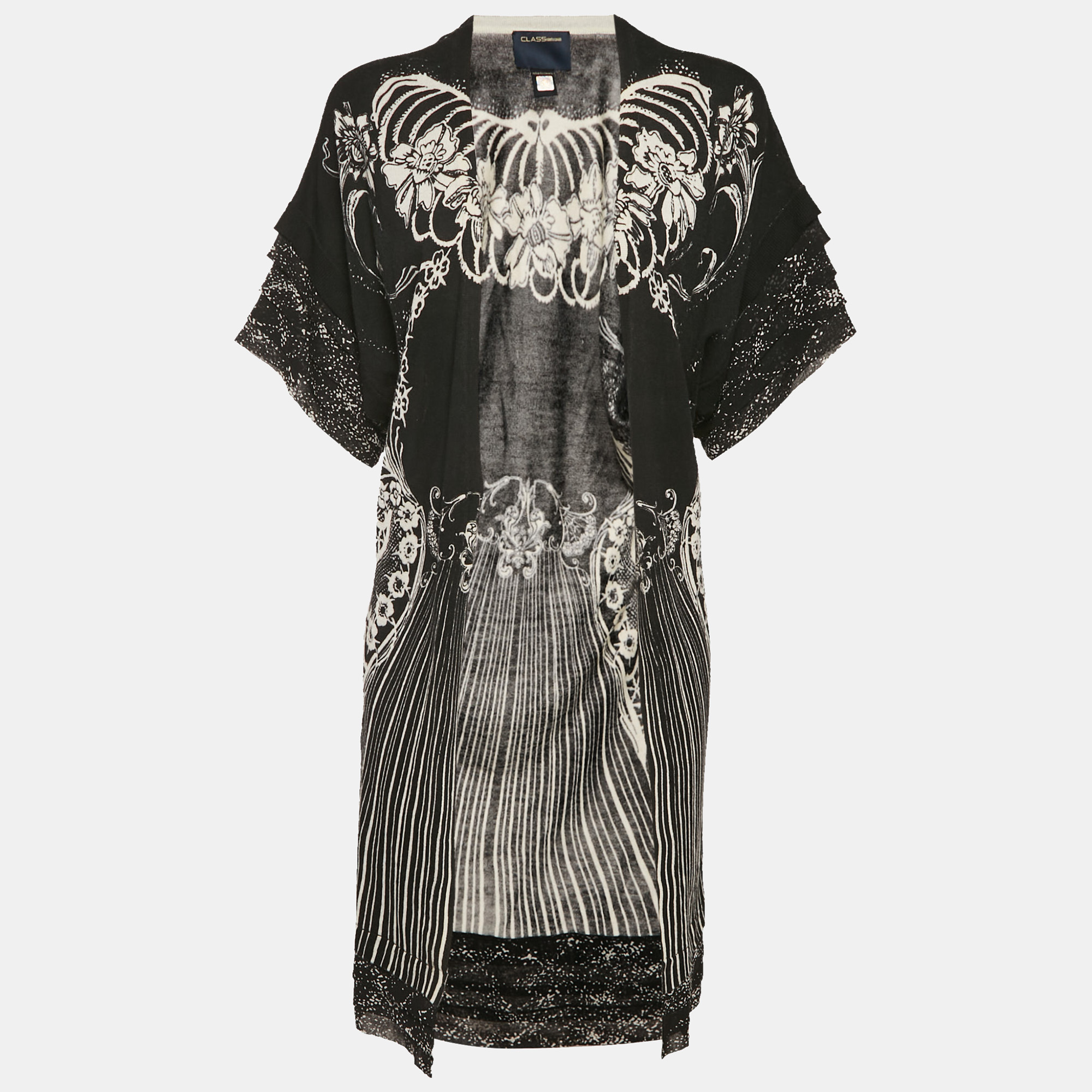 Pre-owned Class By Roberto Cavalli Black Printed Knit Silk Trim Cardigan S