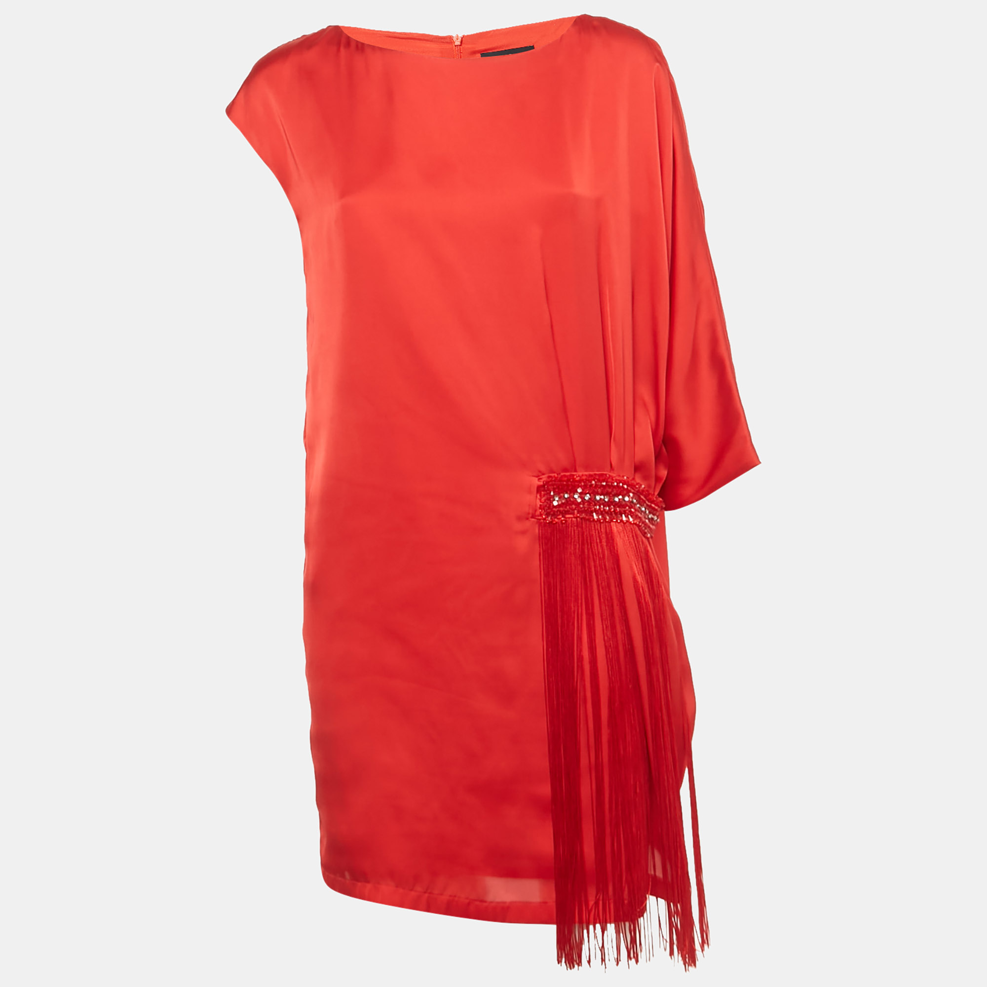 

Class by Roberto Cavalli Red Satin Fridge Detail Tunic Mini Dress M