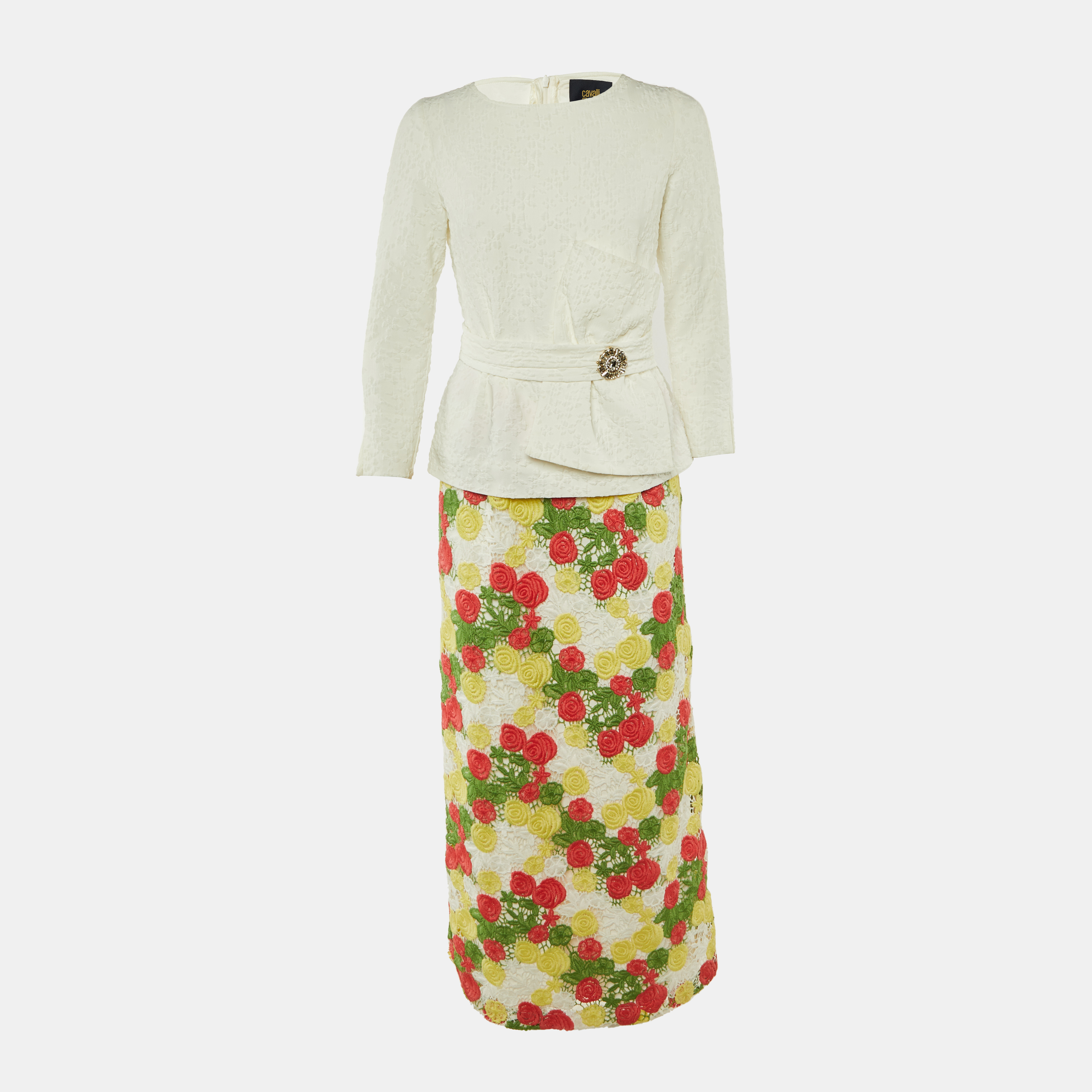 

Class by Roberto Cavalli White Crepe & Floral Lace Peplum Maxi Dress M