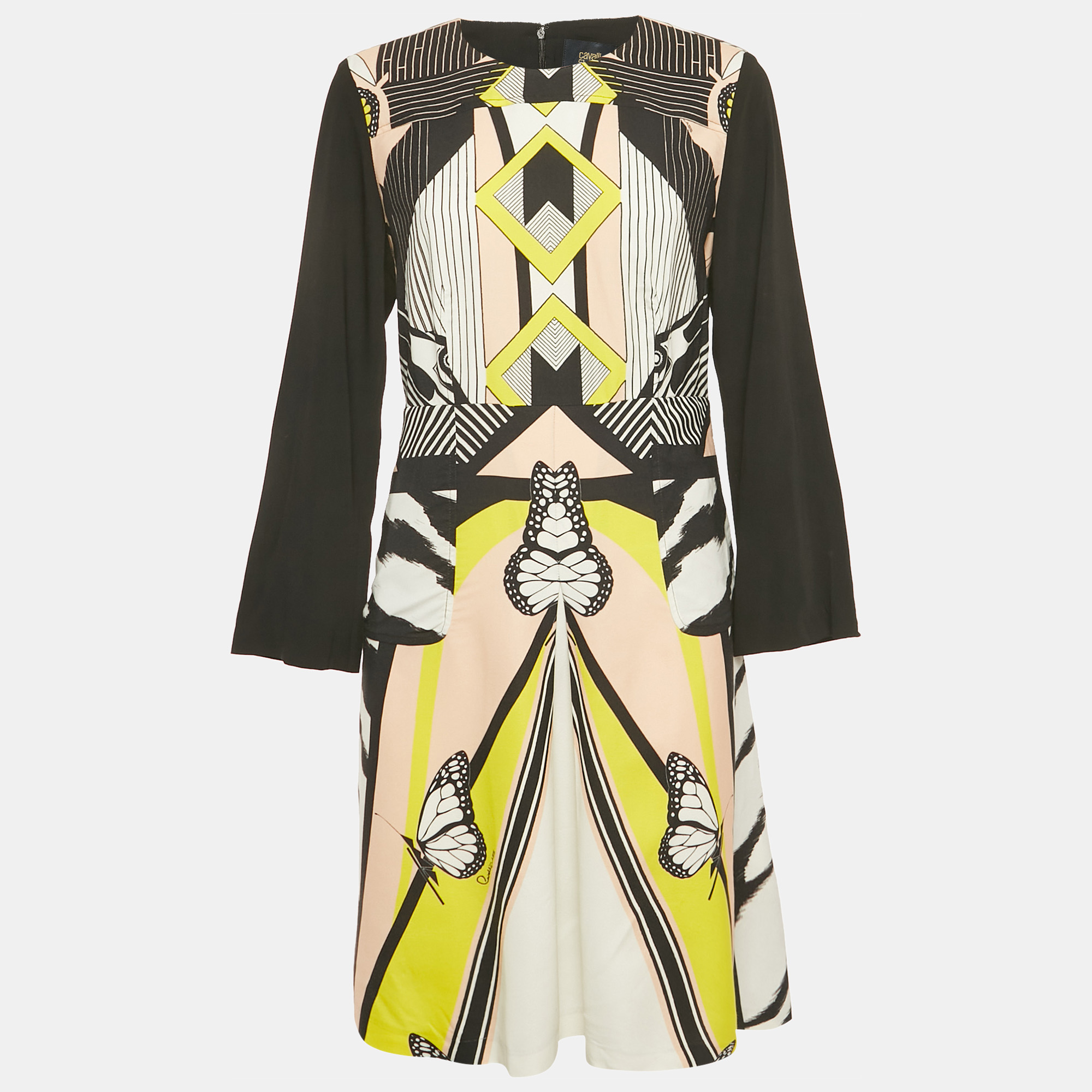 Pre-owned Class By Roberto Cavalli Cavalli  Black Printed Crepe Midi Dress L In Multi