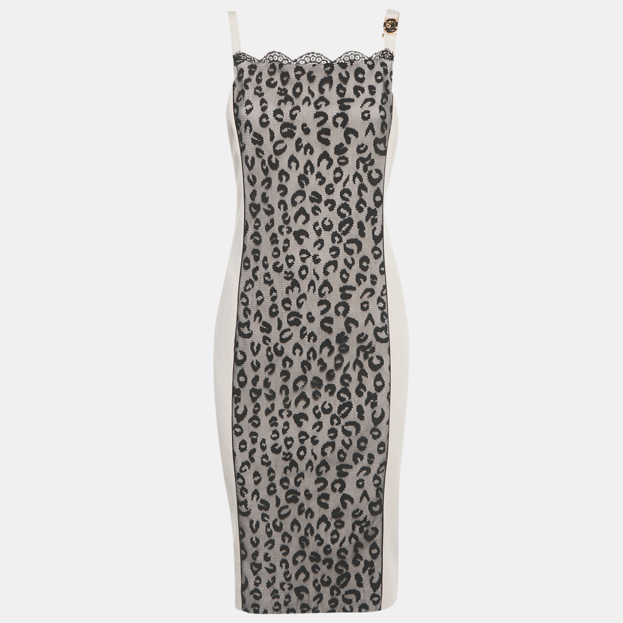 Pre-owned Class By Roberto Cavalli Pink/black Jersey Leopard Mesh Detail Midi Dress L