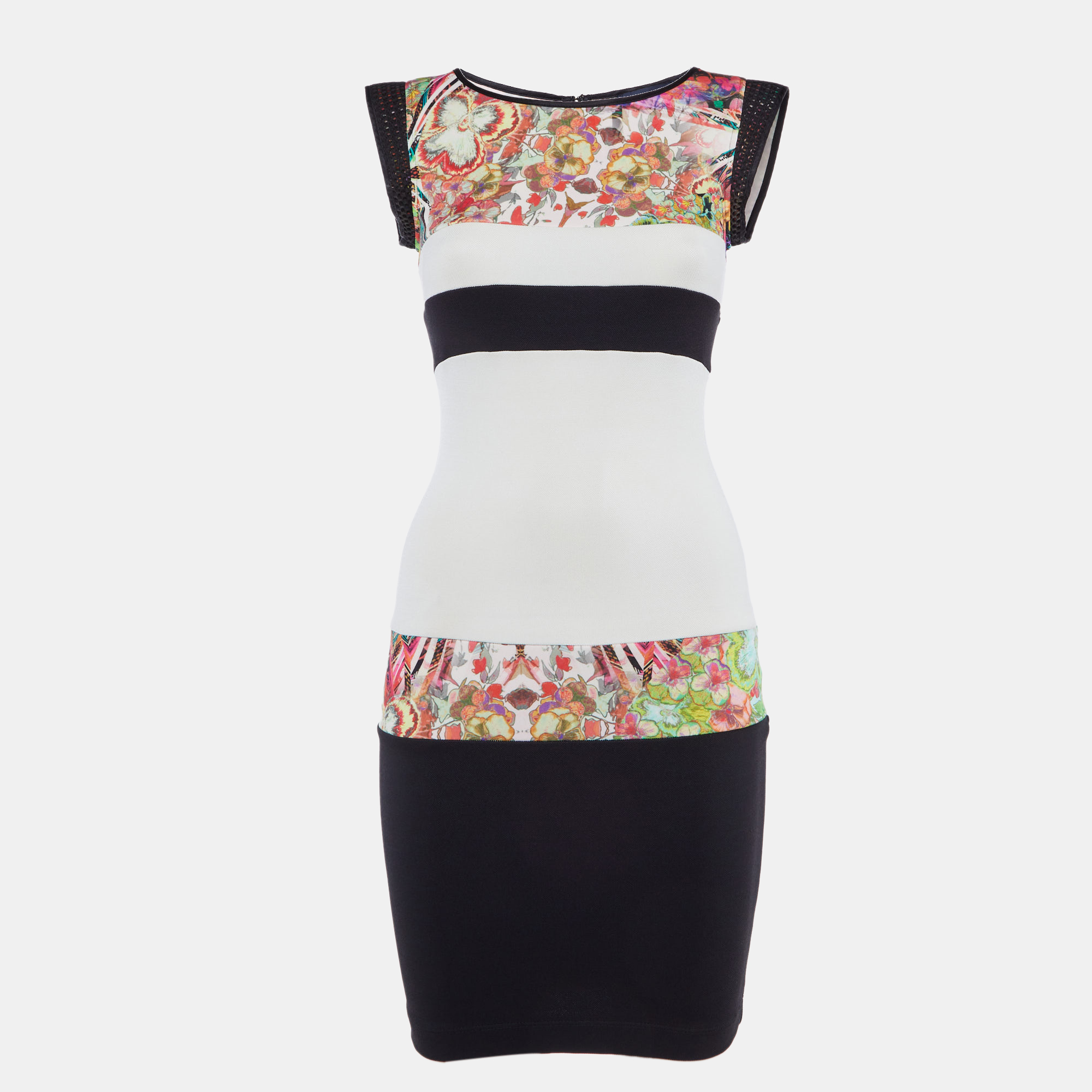 

Class by Roberto Cavalli Black /White Floral Print Jersey Mesh Detail Mini Dress S