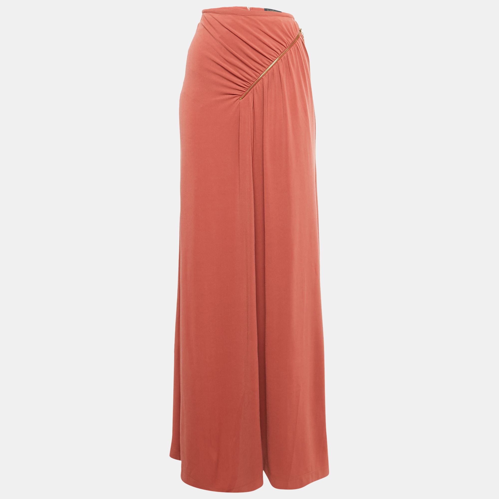 Pre-owned Class By Roberto Cavalli Brick Red Jersey Ruched Zipper Detail Midi Skirt L