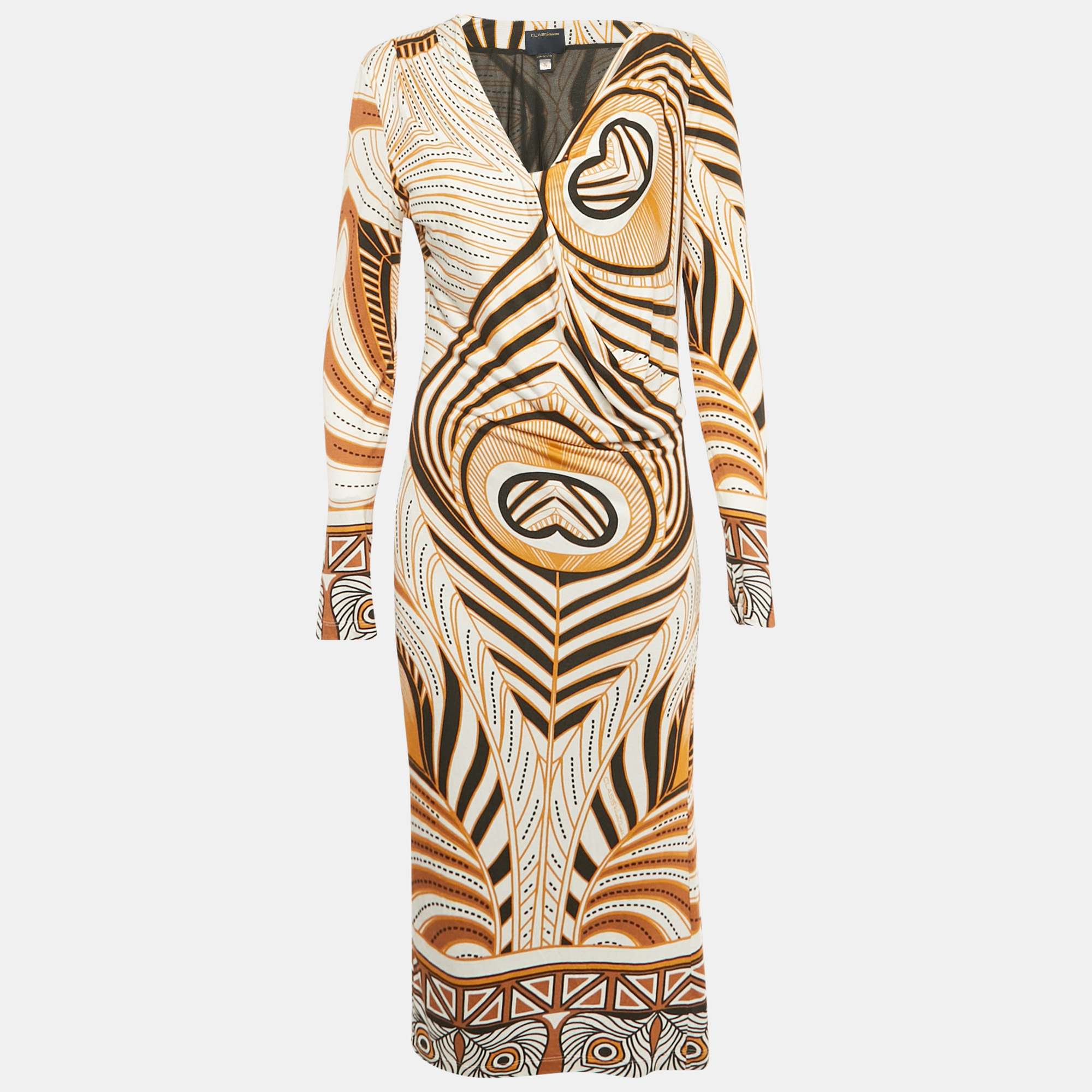 Pre-owned Class By Roberto Cavalli White Printed Jersey Midi Dress L